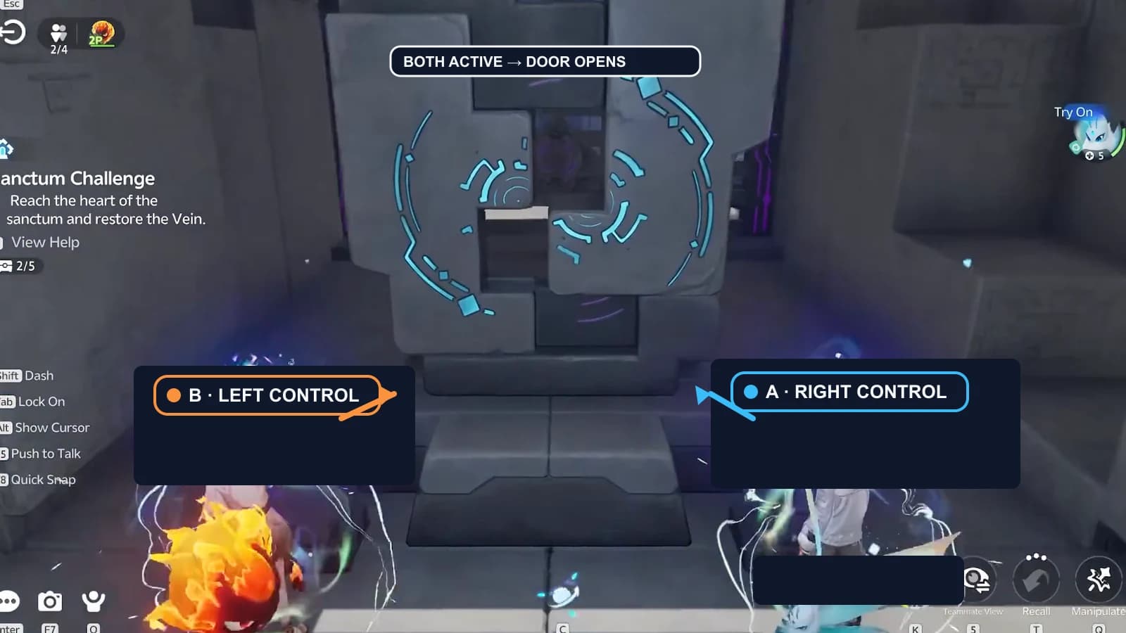 Arena door with blue Player A and orange Player B at the two purple handprint panels