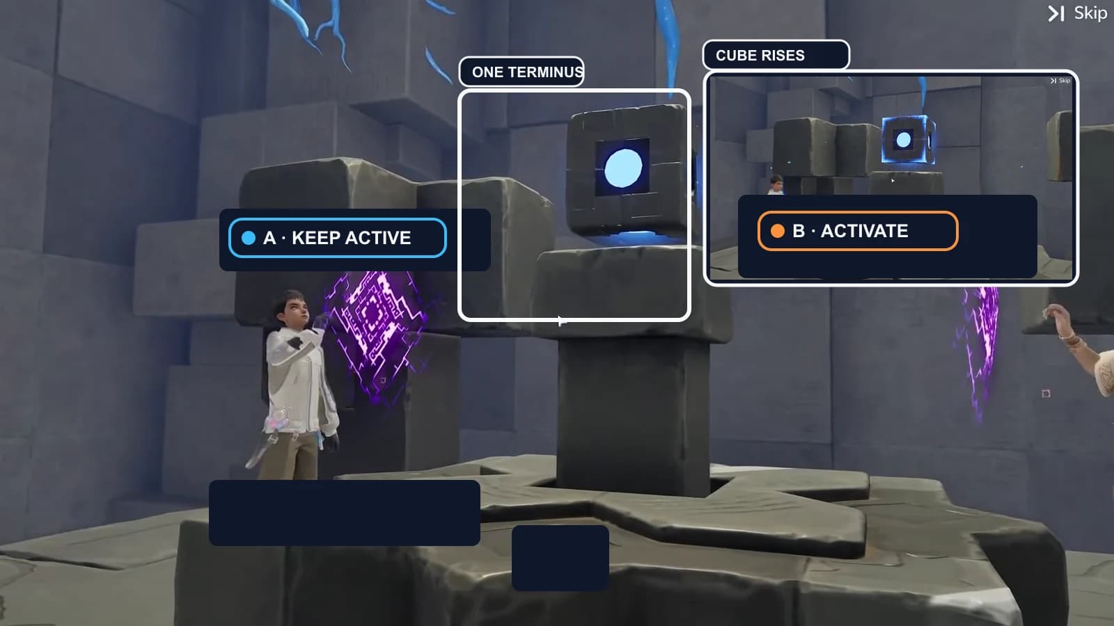 The two purple handprint panels around one central Sanctum Terminus