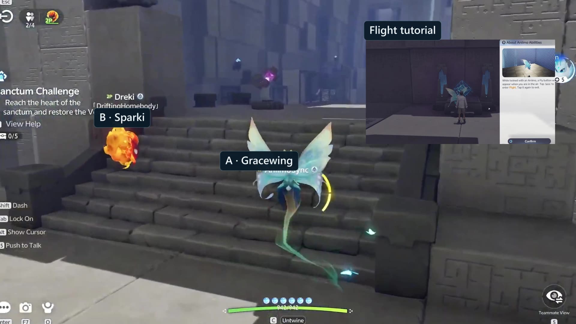 Role tutorial with blue Player A assigned to Gracewing and orange Player B assigned to Sparki