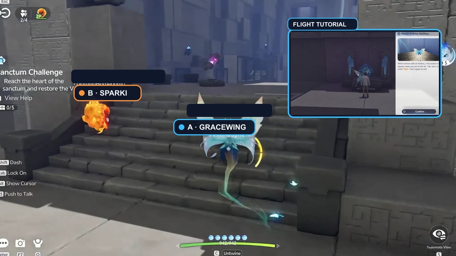 Role tutorial with blue Player A assigned to Gracewing and orange Player B assigned to Sparki