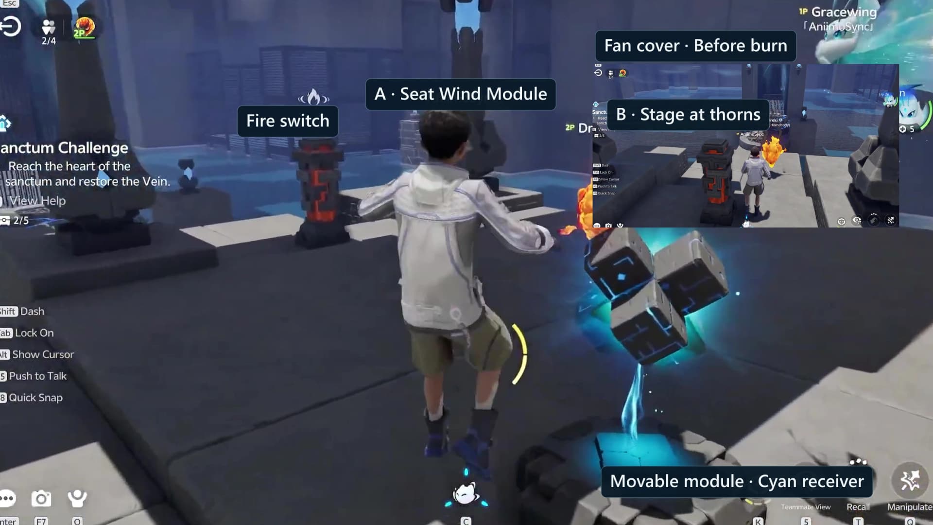 A fan riding its moving block while orange Player B stands beside a thorn-covered fan and its red Fire switch