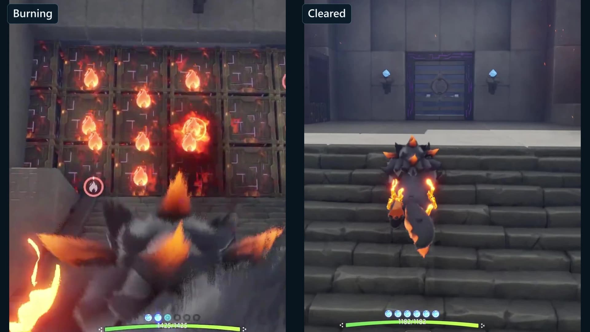 Burnable wall while the fire is active beside the same route after the obstruction disappears