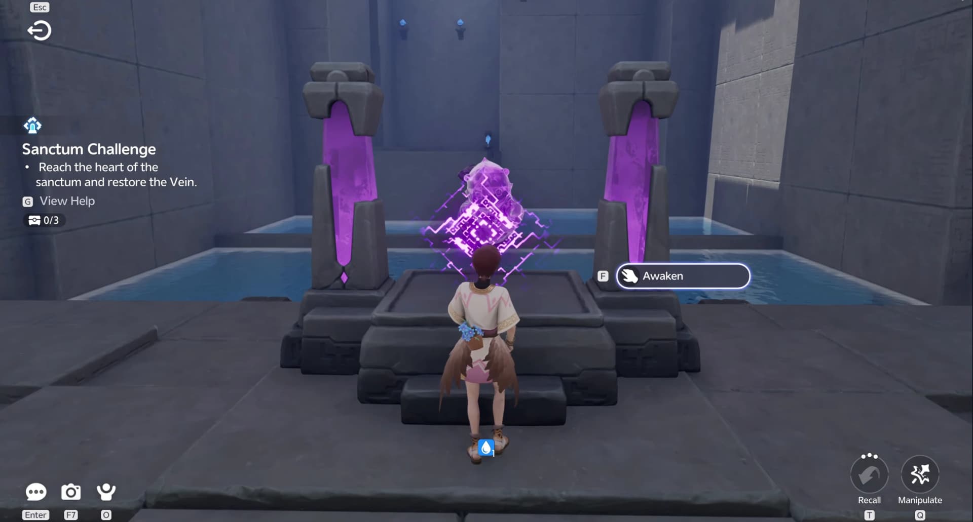 Pathfinder facing the purple trial statue with the Awaken prompt before receiving Popota
