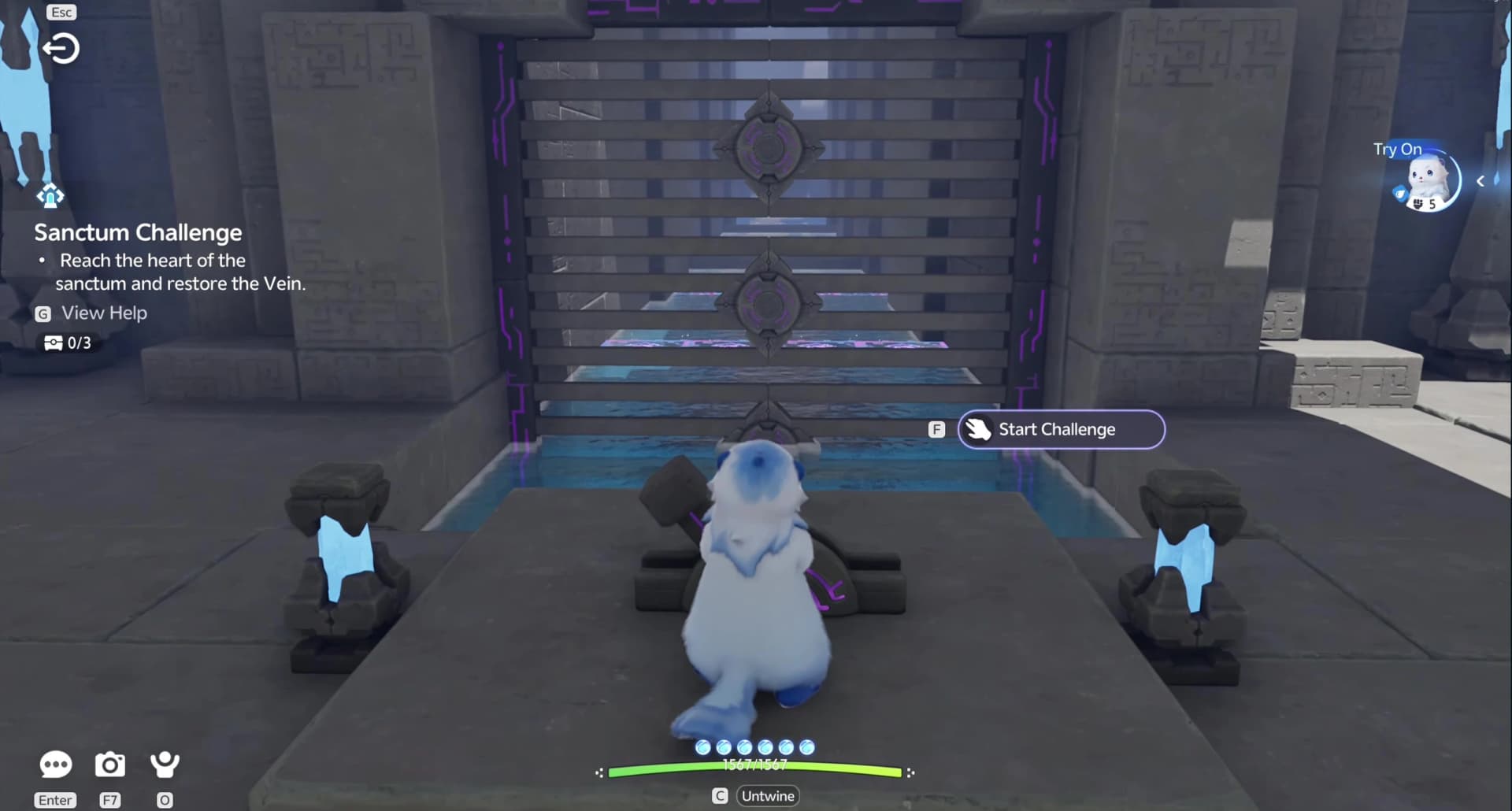 Trial Popota at the closed timed-course gate with the Start Challenge prompt visible