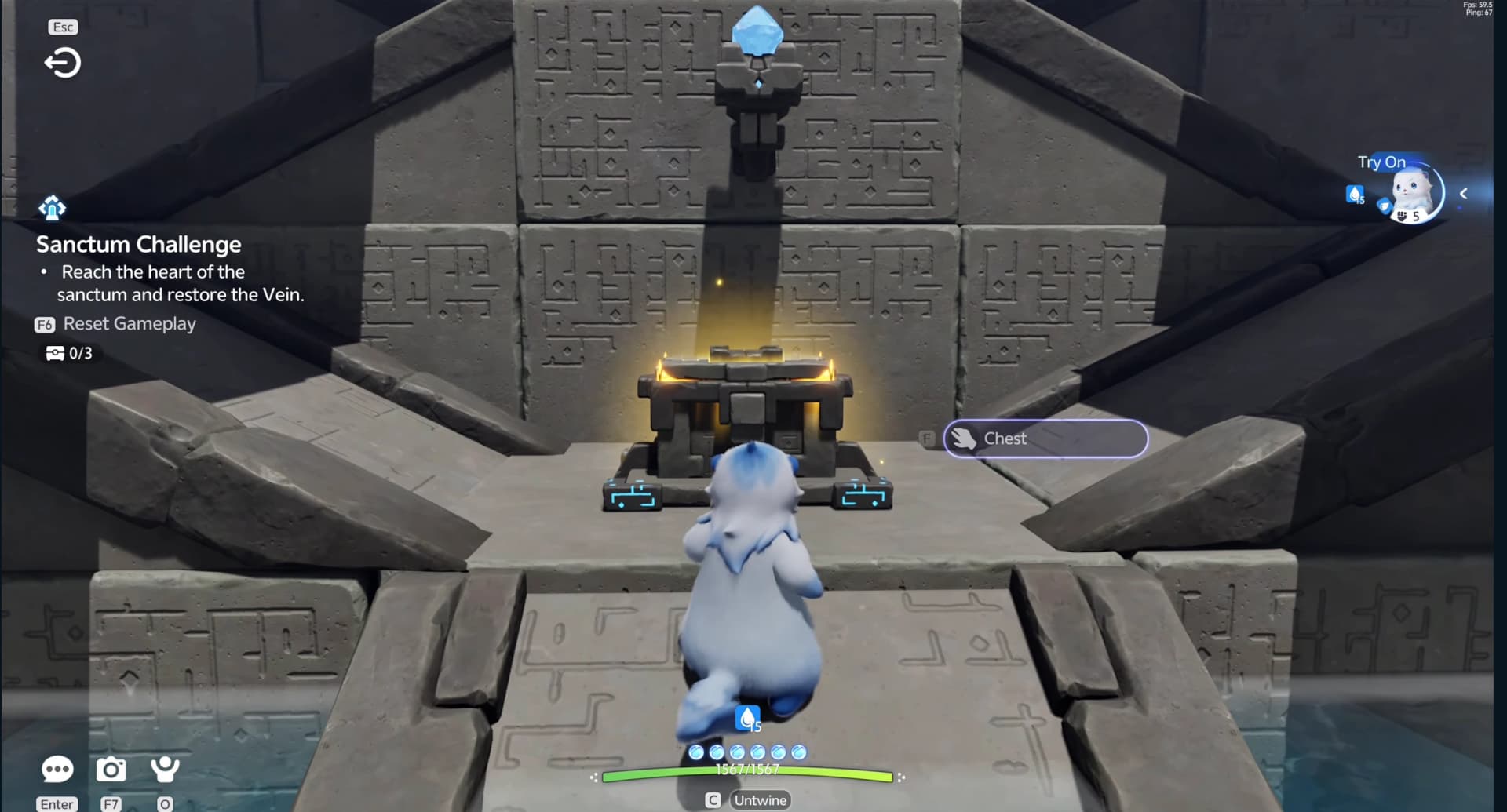 Closed gold Legendary Chest in a raised stone niche with the optional counter at zero of three