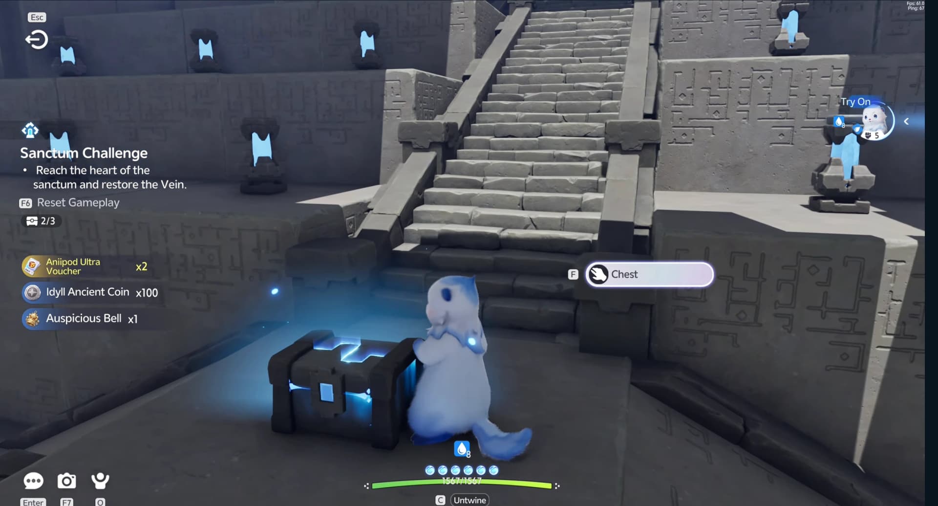 Blue third chest at the base of the broad central stairs with the counter at two of three