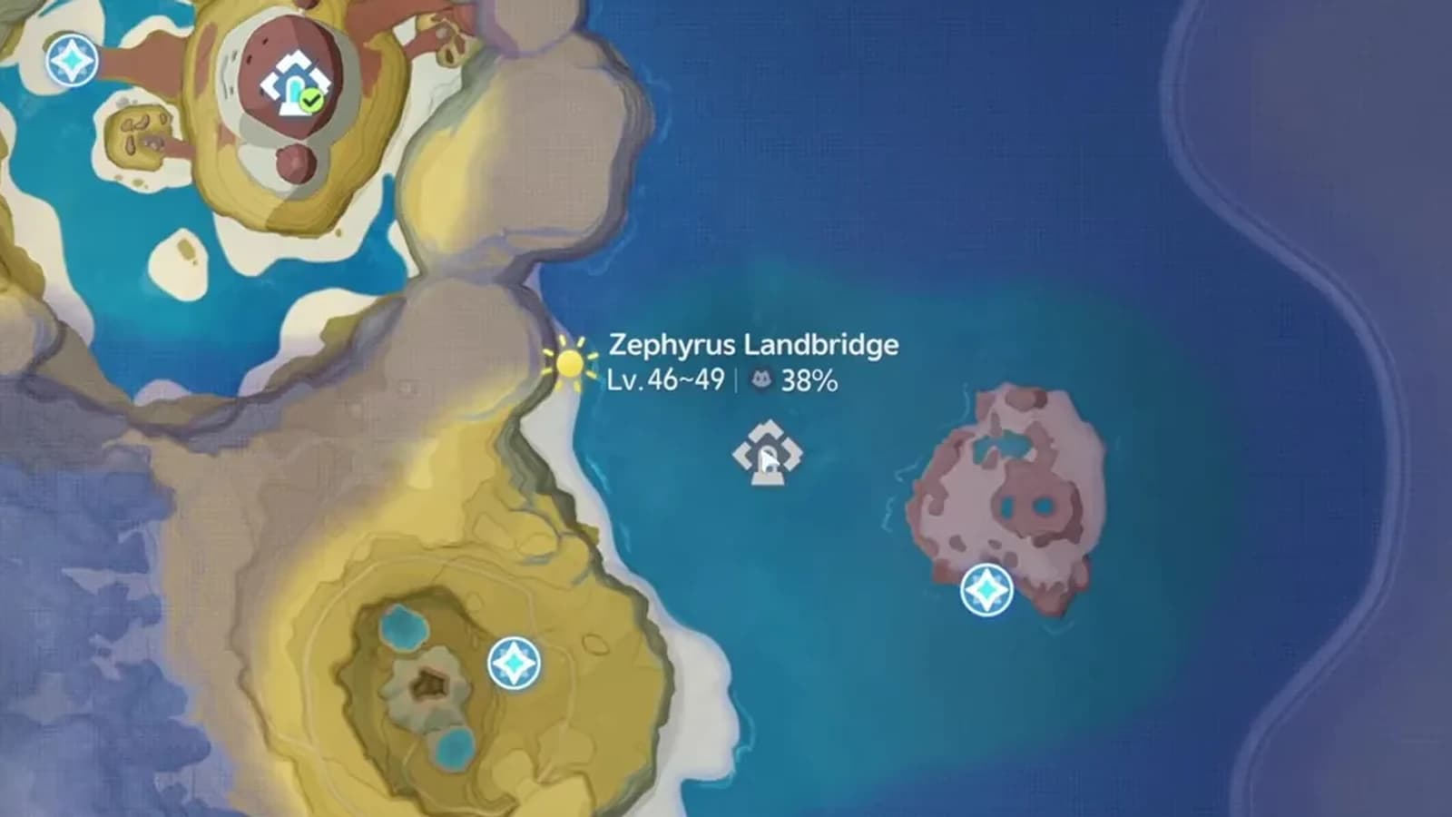 World map centered on the Zephyrus Landbridge coast and the nearby Shatterstone Sanctum marker