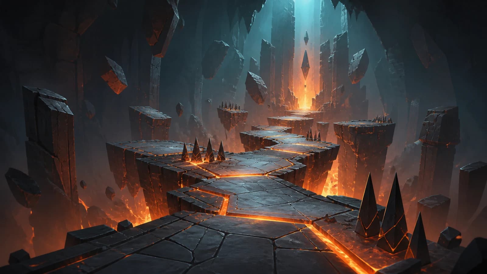 Original illustration of a fractured stone trial lane above glowing molten seams with suspended rock shards