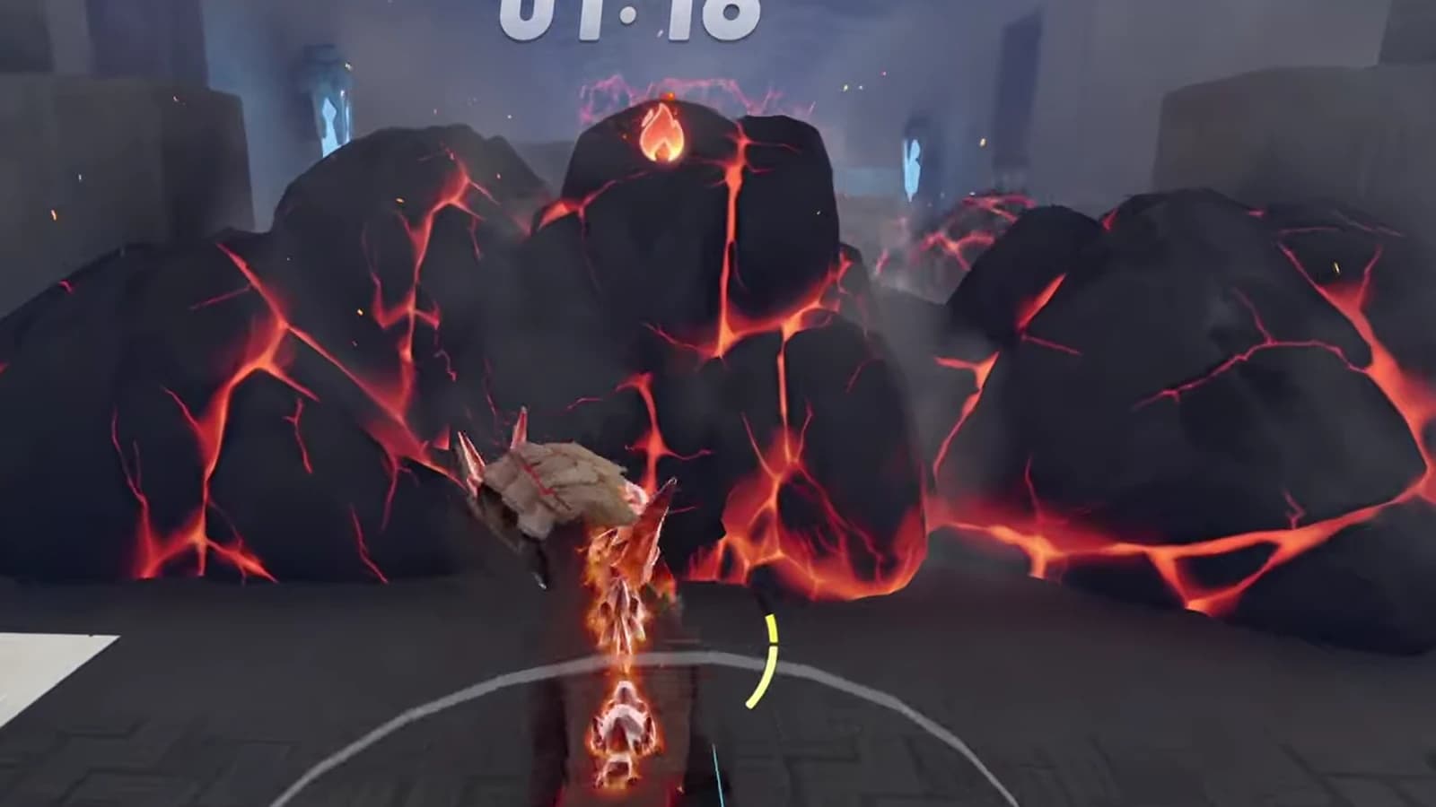 Magmarex lined up with the central gap between molten spheres and the final glowing rock barrier
