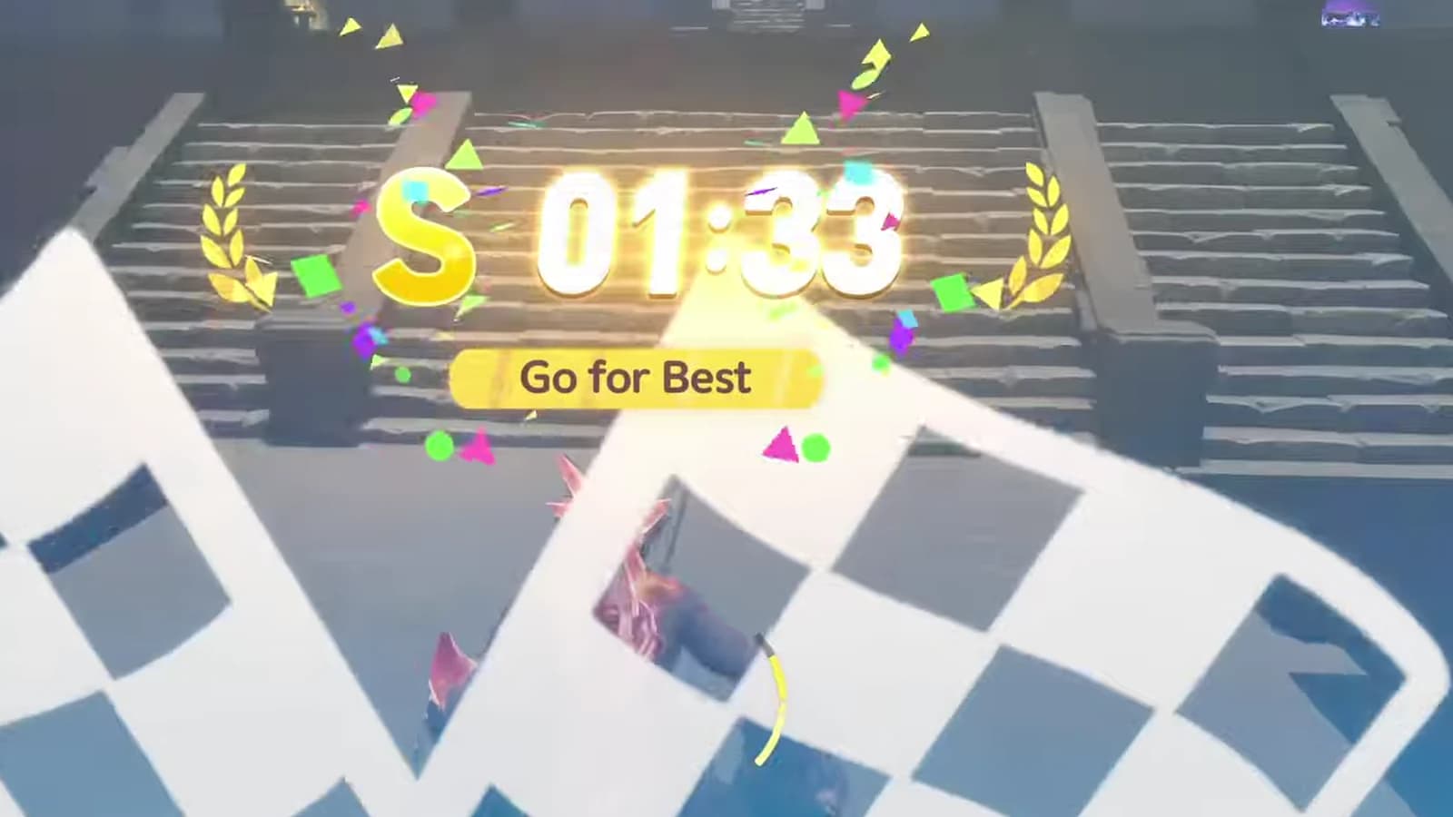 Shatterstone finish-line HUD showing S grade at one minute thirty-three seconds