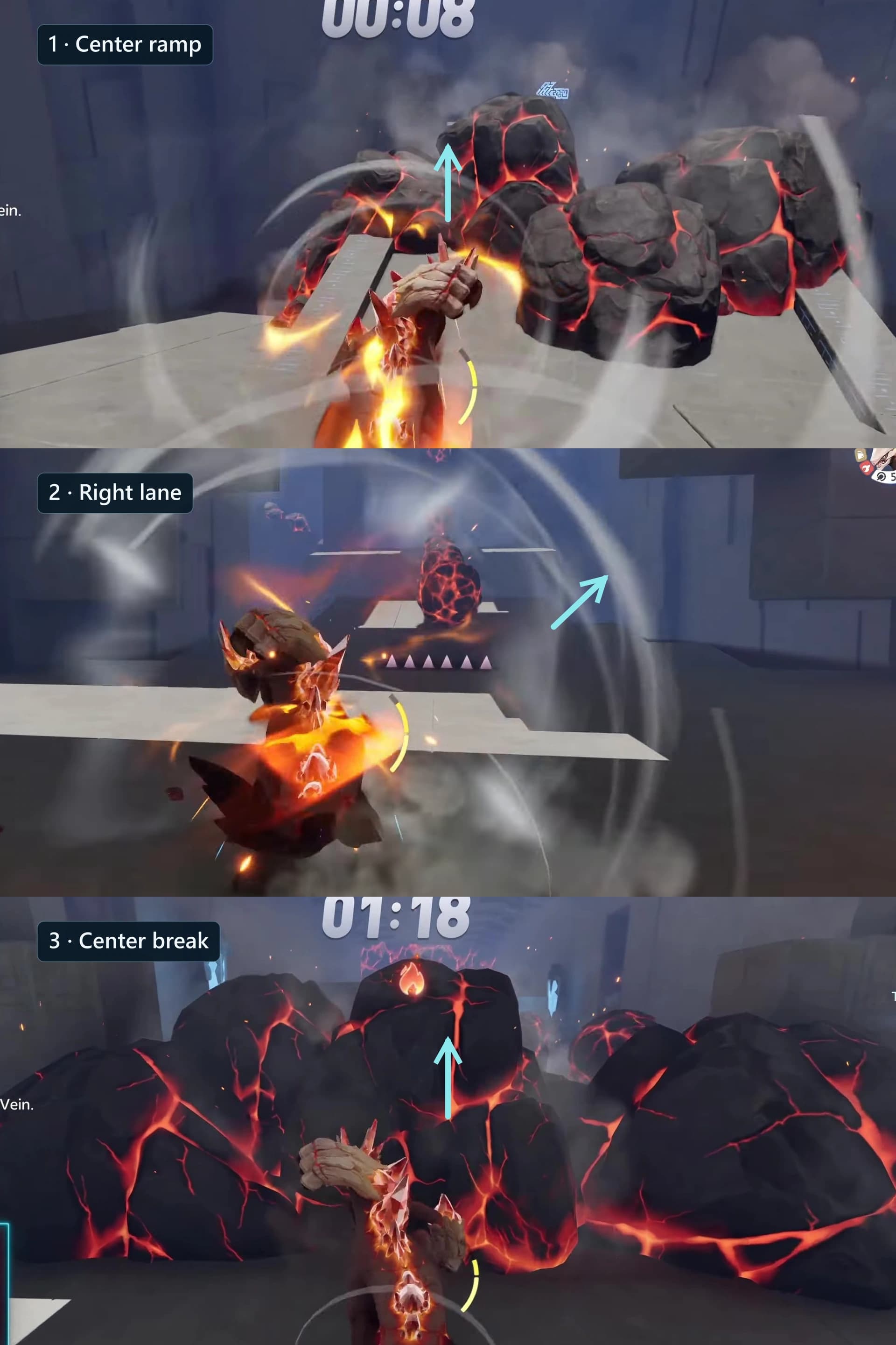 Three annotated Shattering Stone course frames showing the center ramp, right lane and final center break