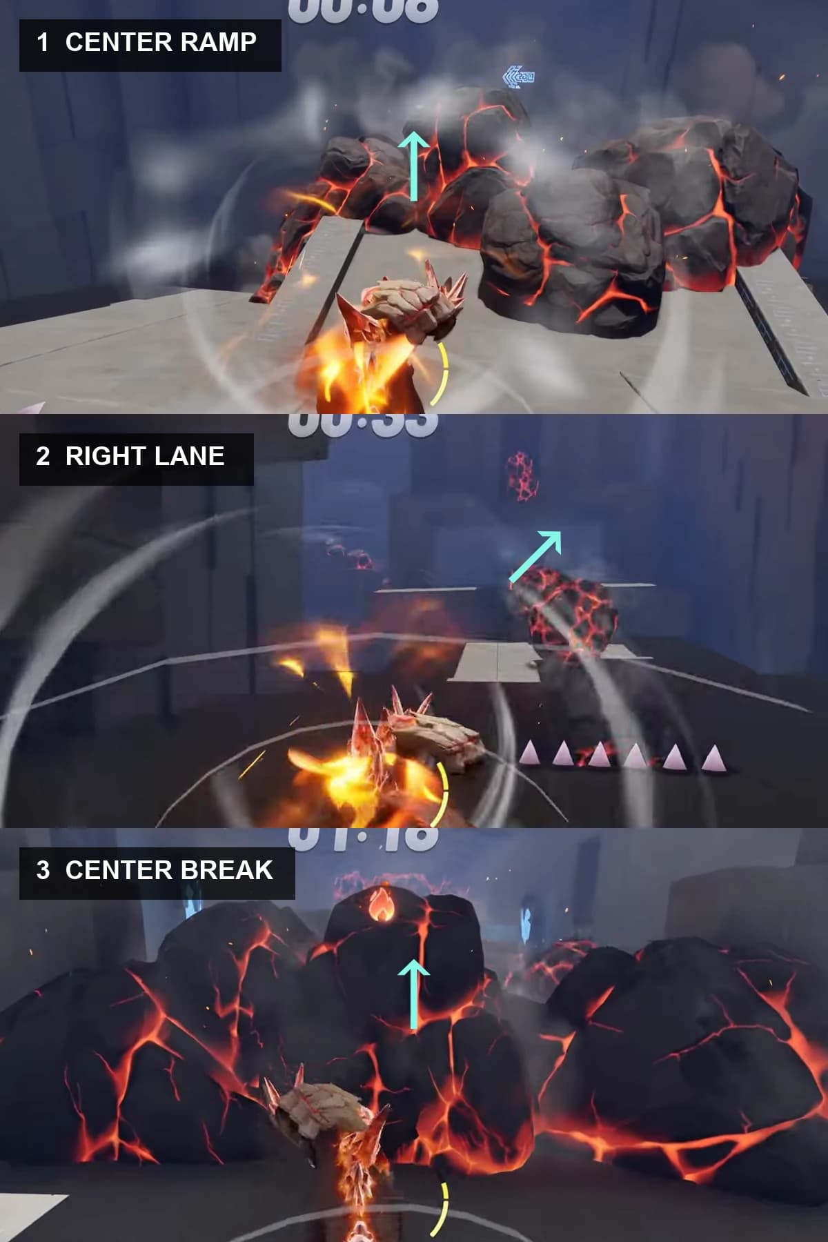 Three annotated Shatterstone course frames showing the center ramp, right lane and final center break