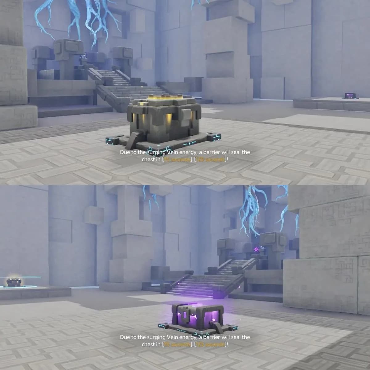 Gold and purple Shatterstone finish-room chests shown with the 95-second and 125-second barrier warning