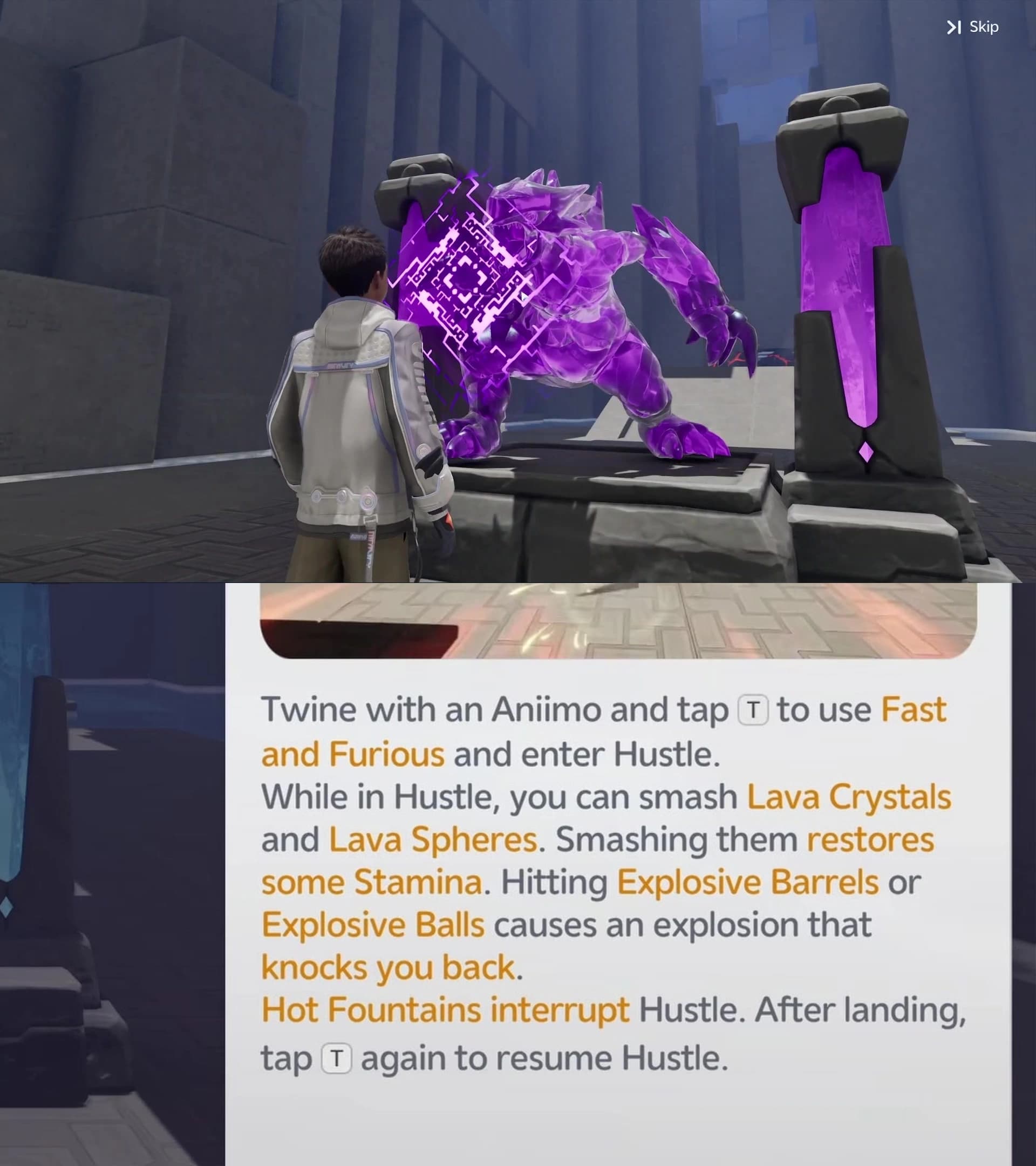 Two-panel view of the purple-lit Magmarex trial station and the Fast and Furious ability tutorial
