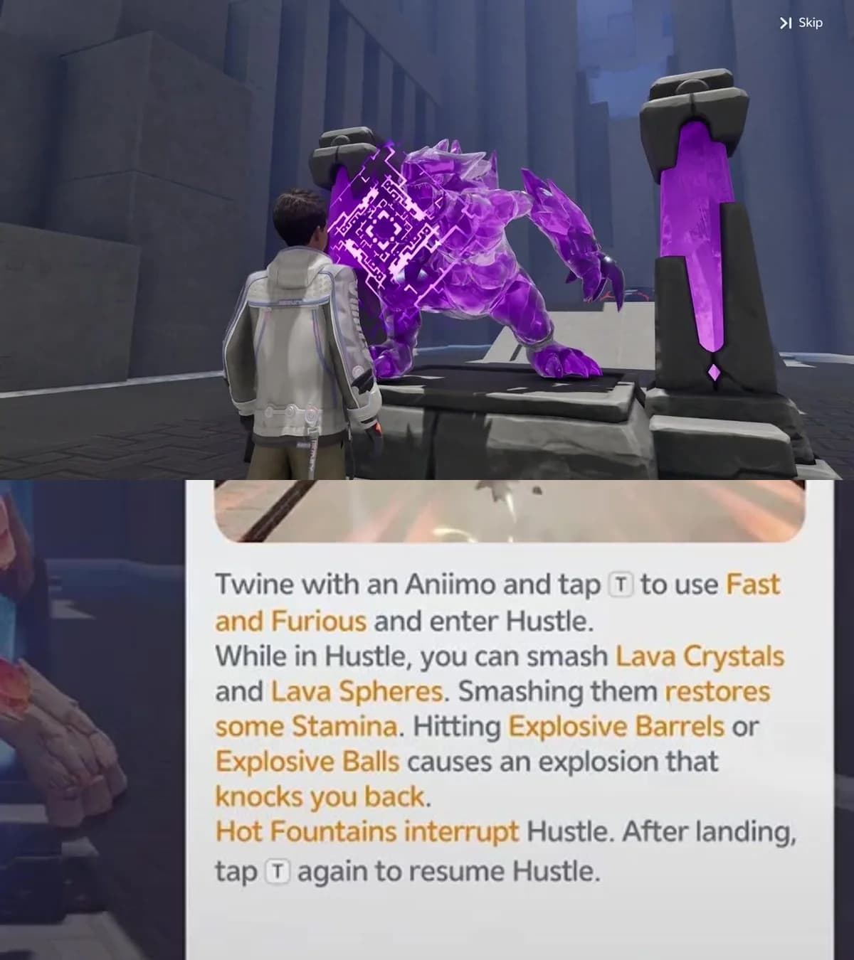 Two-panel view of the purple-lit Magmarex trial station and the Fast and Furious ability tutorial
