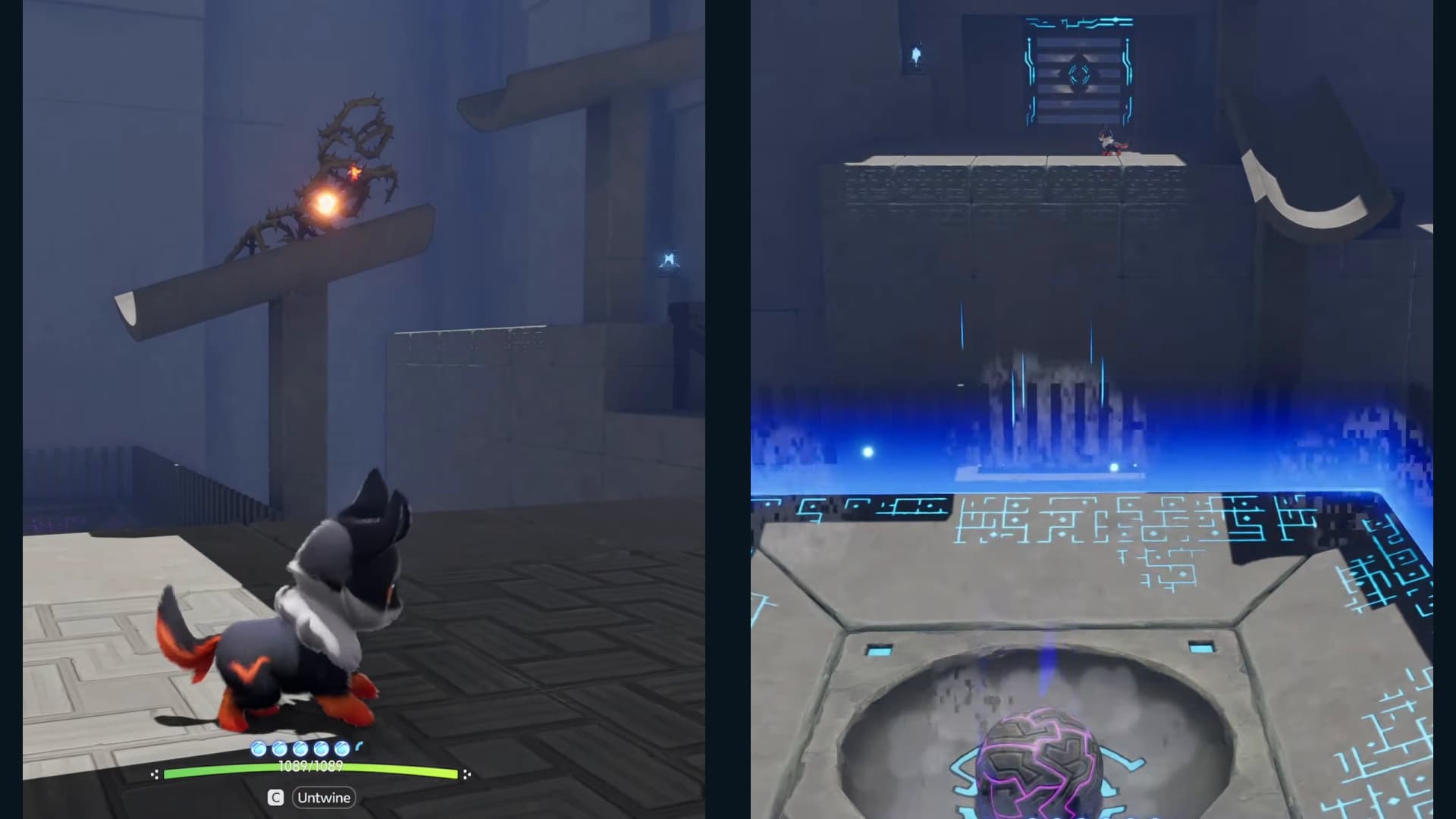 First thorn-braced tilted beam before burning and its large purple ball seated on the cyan pad afterward