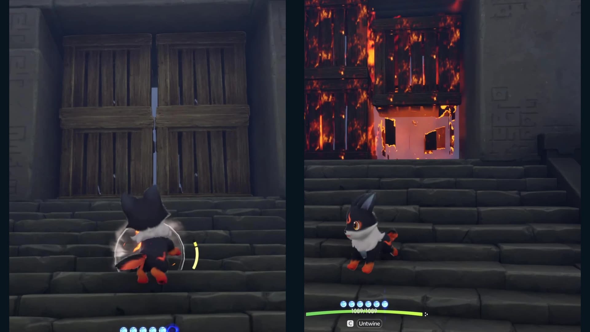 Slatted opening gate burning away before the player advances along the stone route