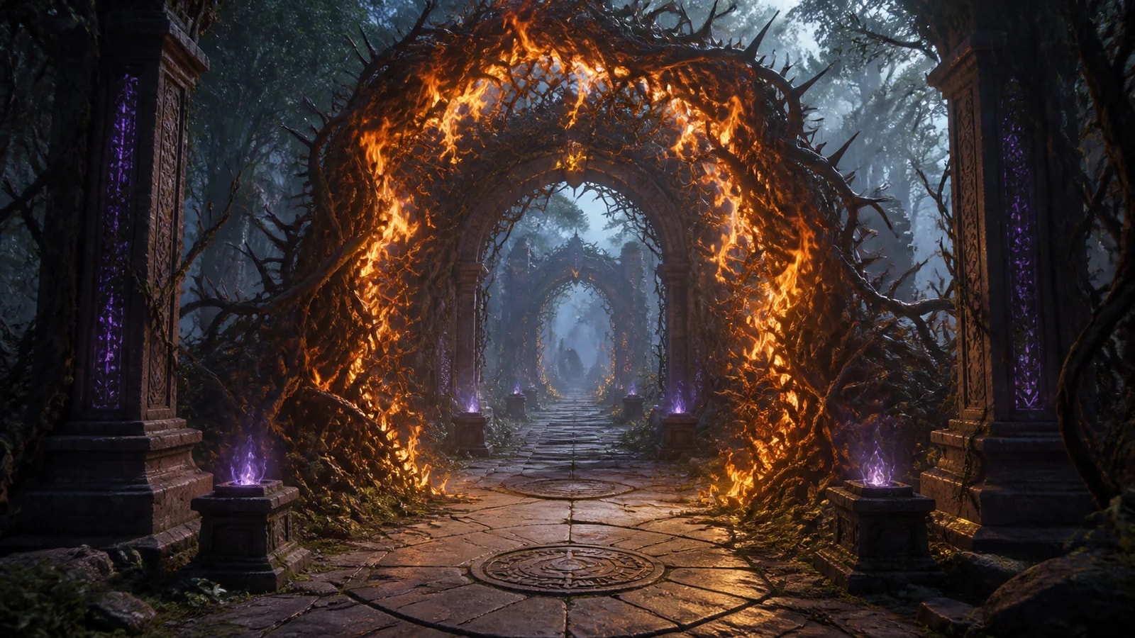 Ancient stone path opening through luminous thorns as controlled flames clear a safe route
