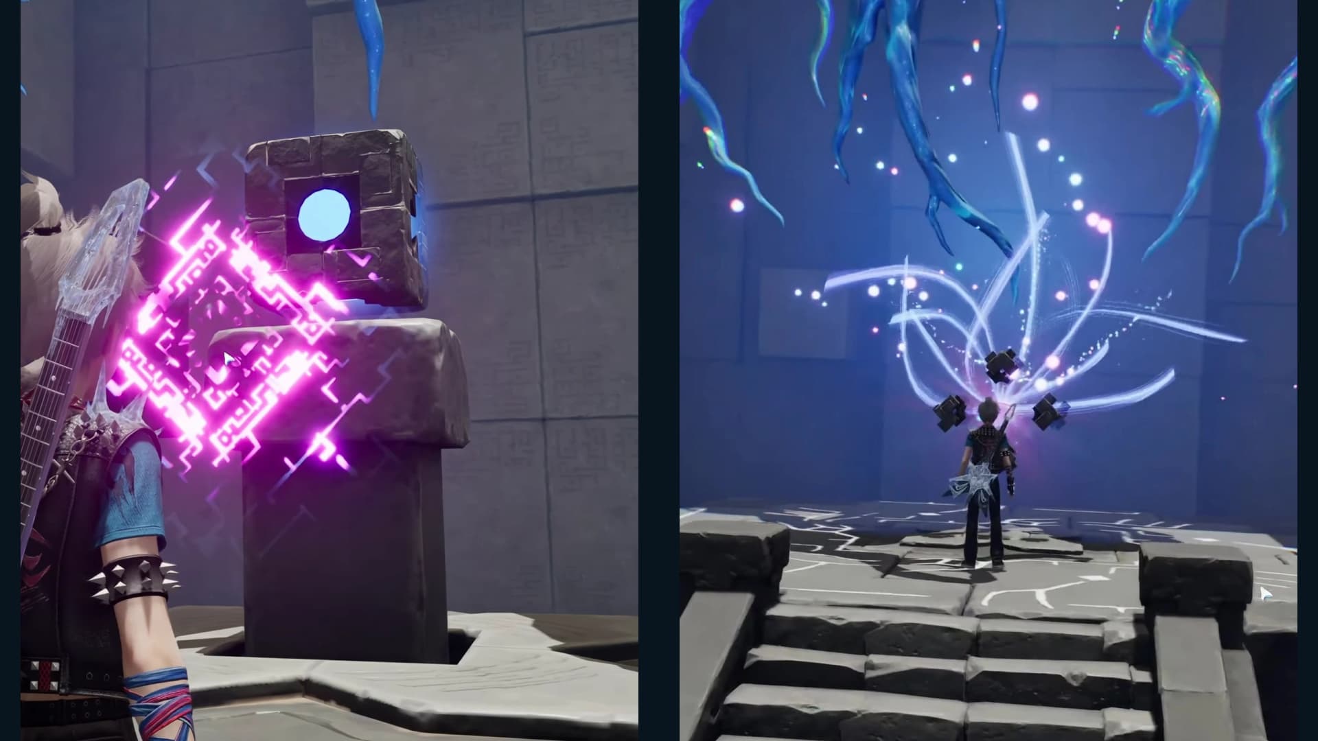 Square Sanctum Terminus before interaction and the blue Vein-restoration effect afterward