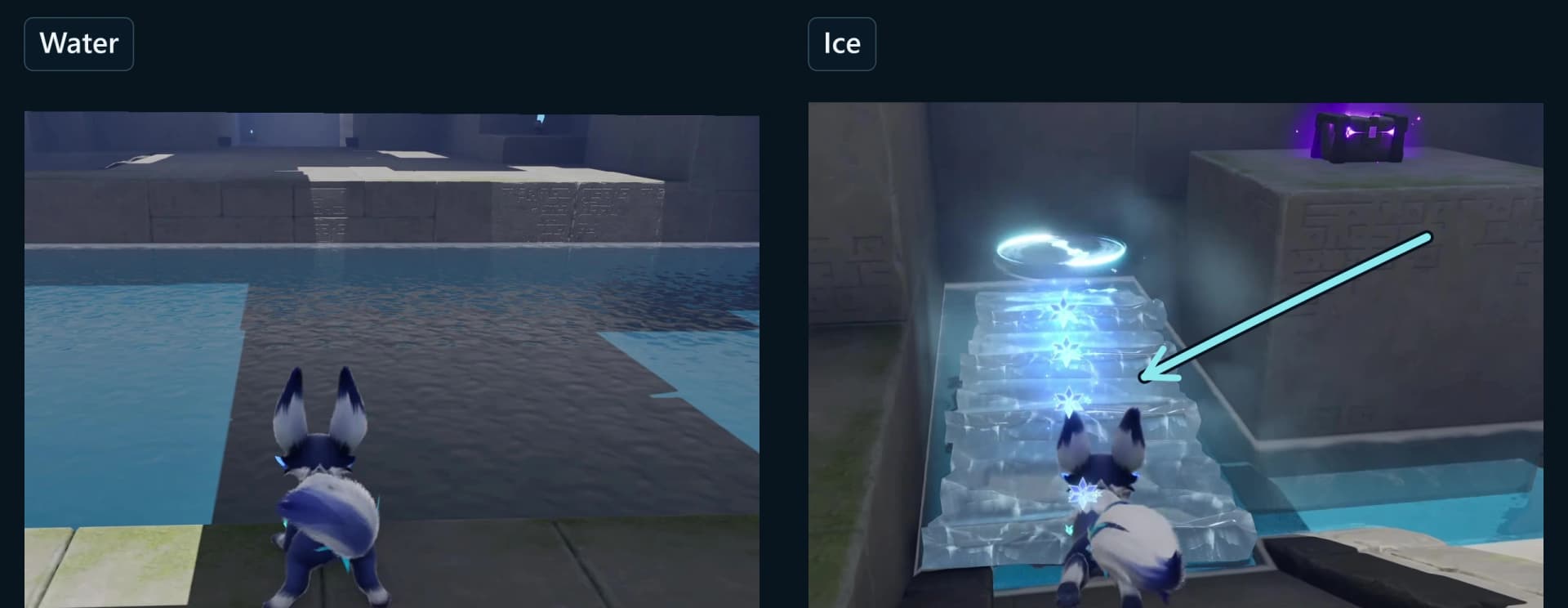 After the opening swim, Fenrier faces the marked chest-one water; the second panel shows generated ice steps toward chest 1