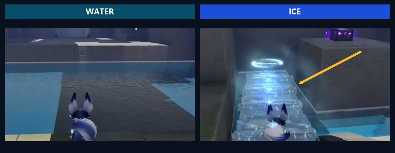 After the opening swim, Fenrier faces the marked chest-one water; the second panel shows generated ice steps