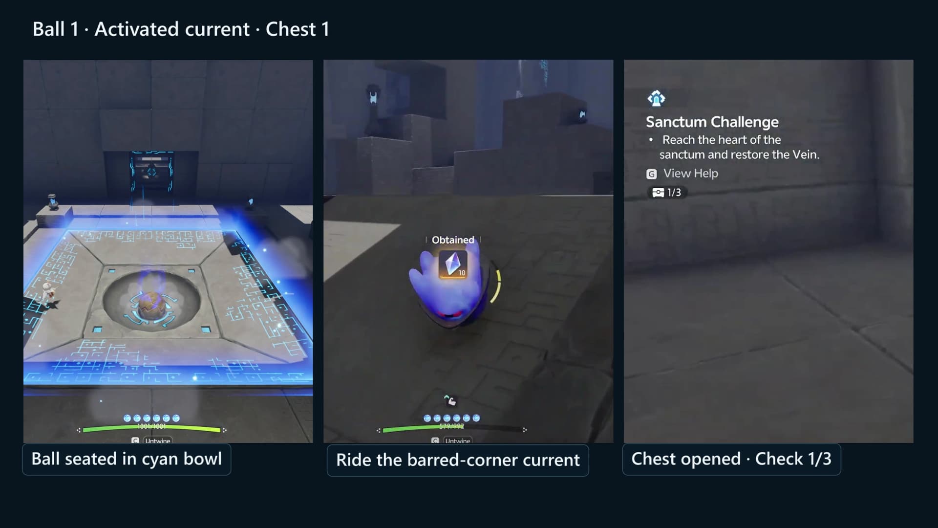 Ball 1 seated in the cyan bowl and the elevated chest reached through the activated current at the barred corner
