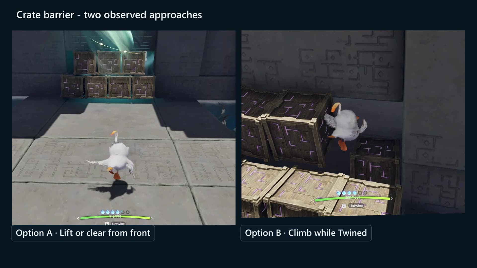 The stacked-crate barrier and Chirpi climbing the intact stack while still Twined