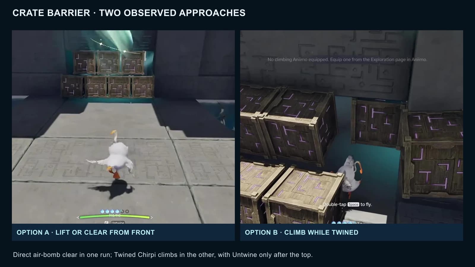 The stacked-crate barrier and Chirpi climbing the intact stack while still Twined