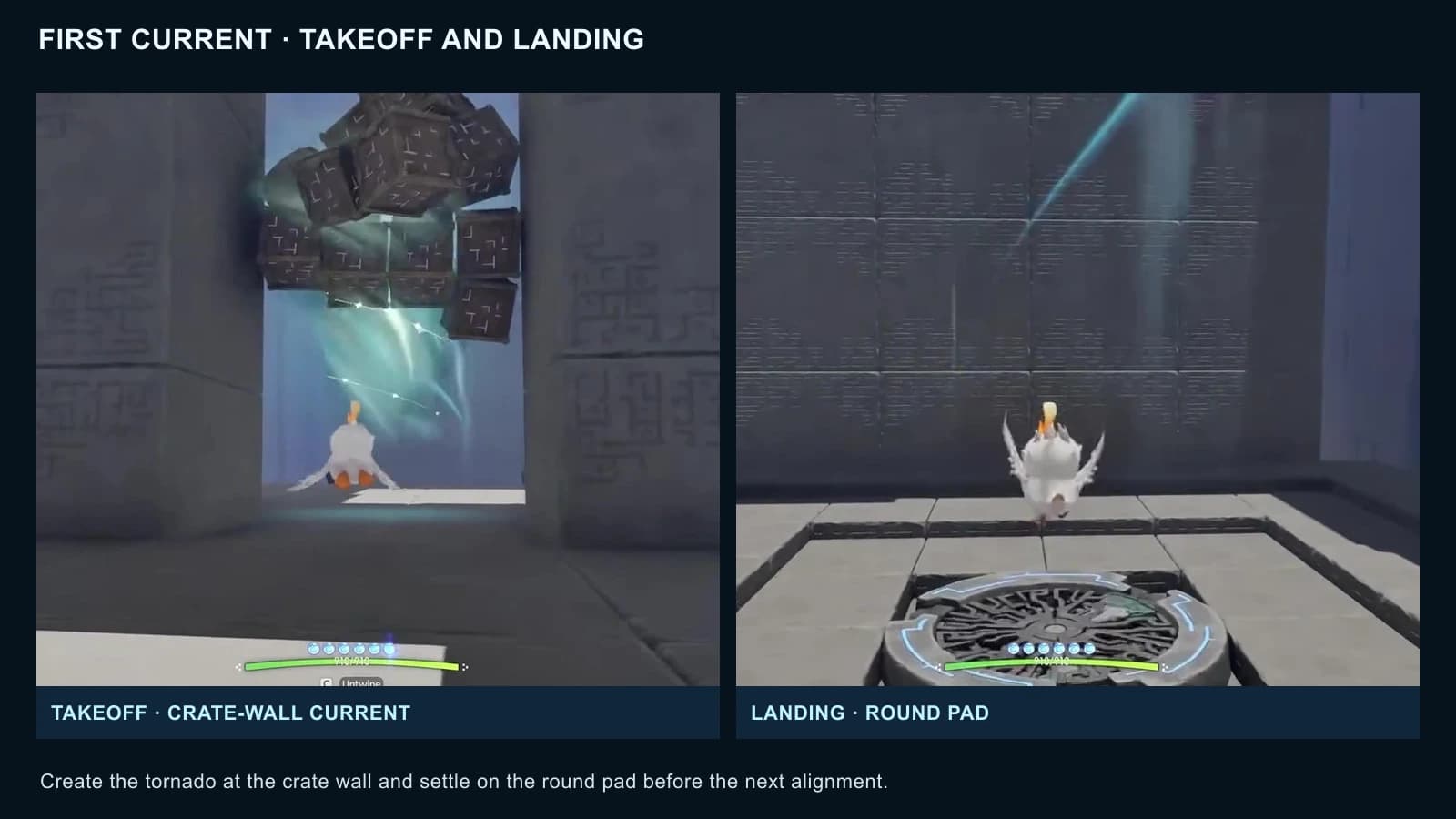 Chirpi riding the first tornado up from the crate wall and landing on the round pad