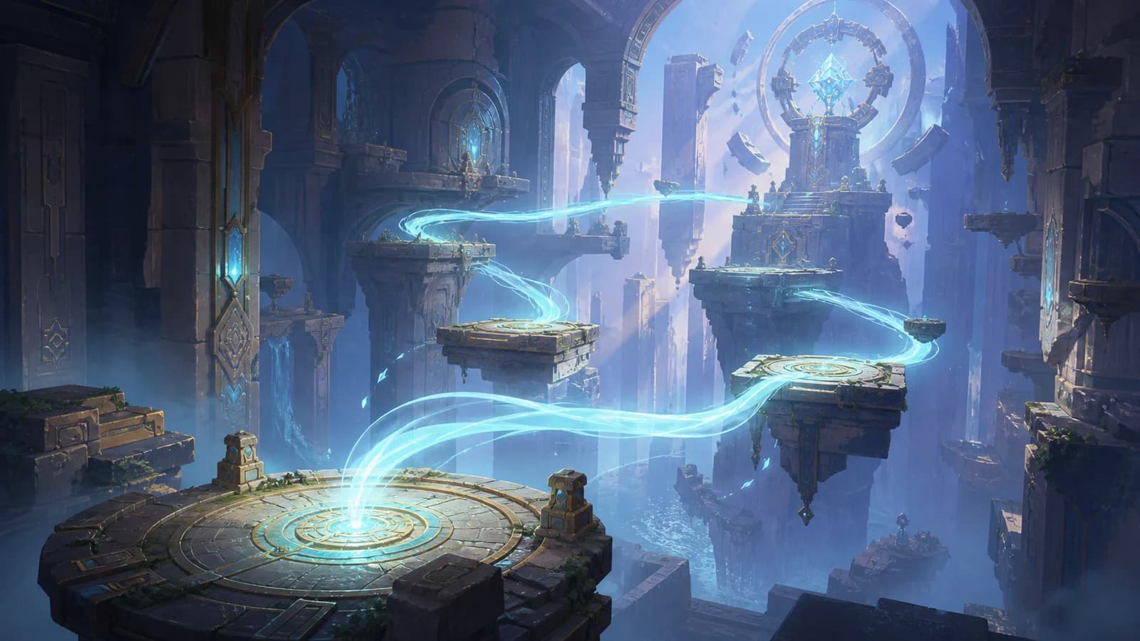 Original illustration of an ancient stone wind chamber with luminous cyan currents curling between suspended platforms