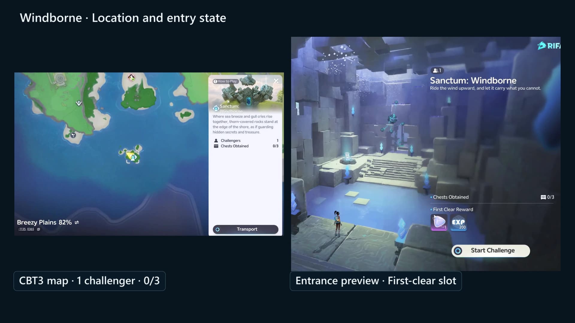 Rising Wind map card beside the entrance preview, showing one challenger and zero of three chests