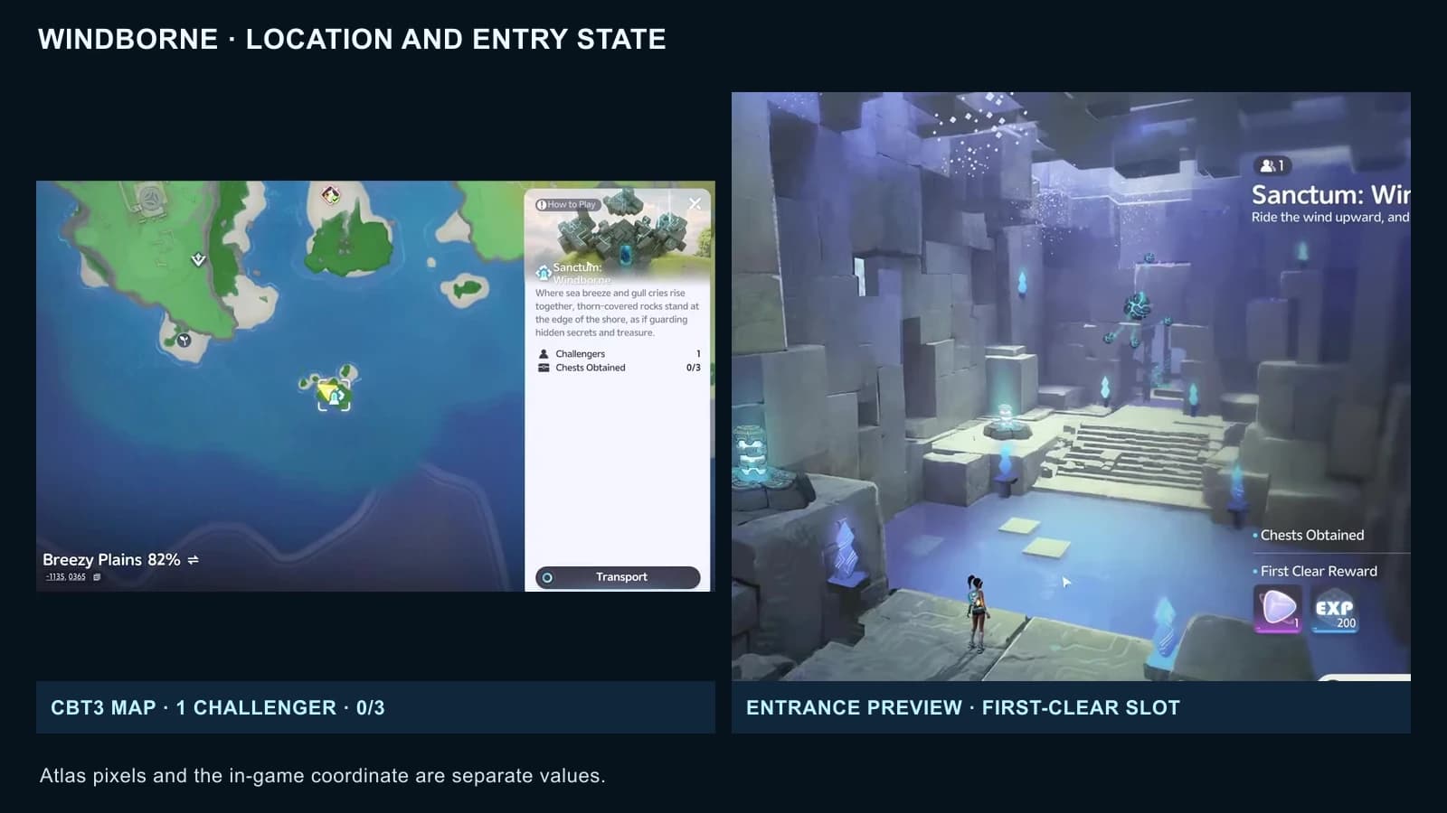 Windborne map card beside the entrance preview, showing one challenger and zero of three chests