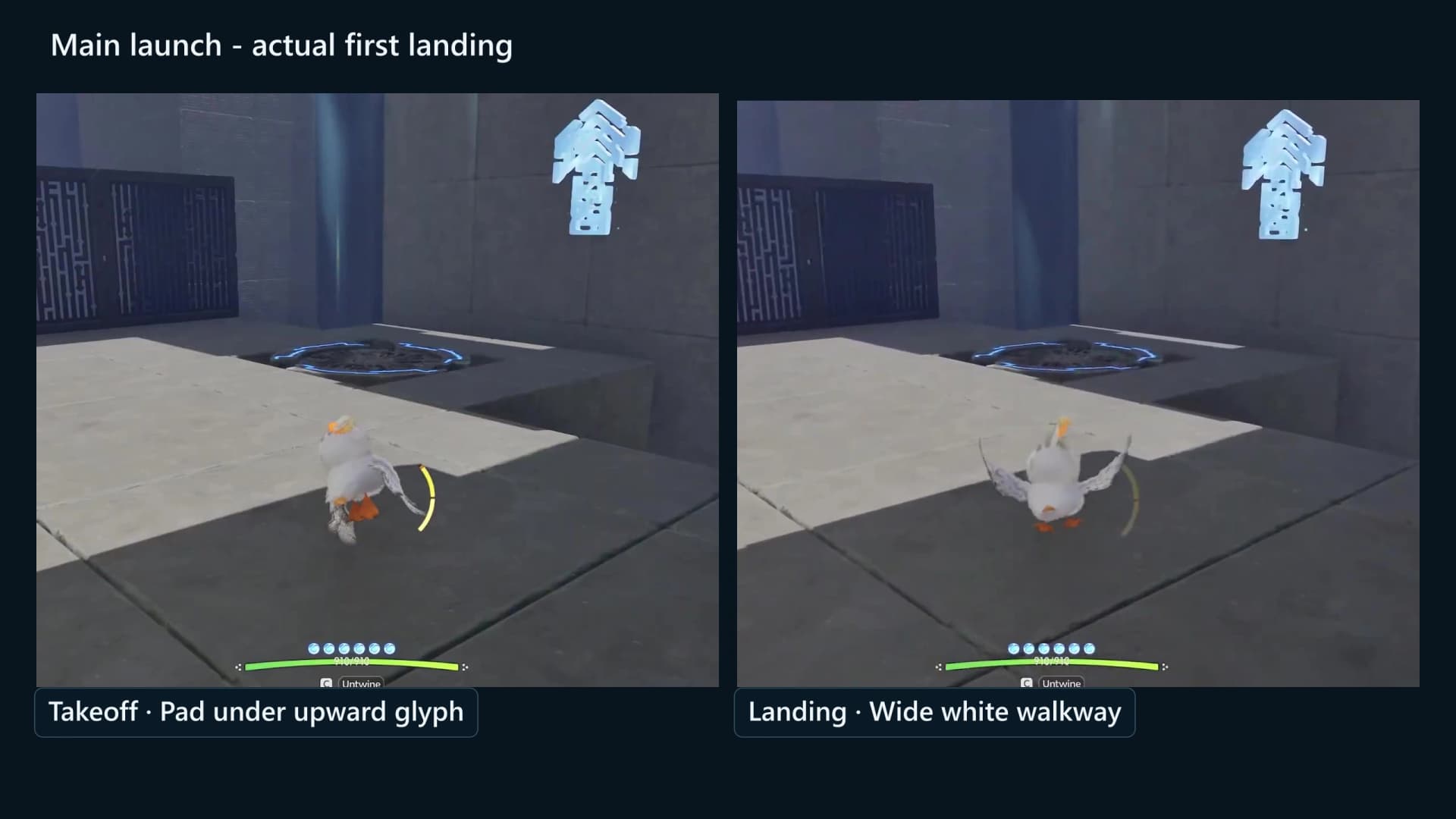 The main launch pad under the upward glyph and the wide white walkway landing ahead of it