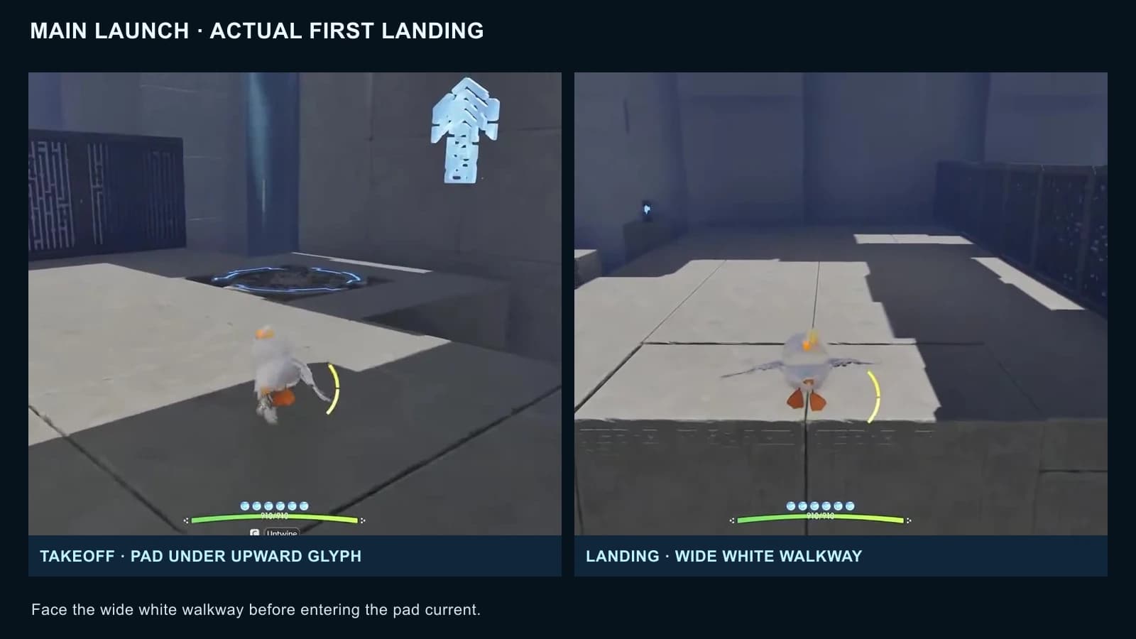 The main launch pad under the upward glyph and the wide white walkway landing ahead of it