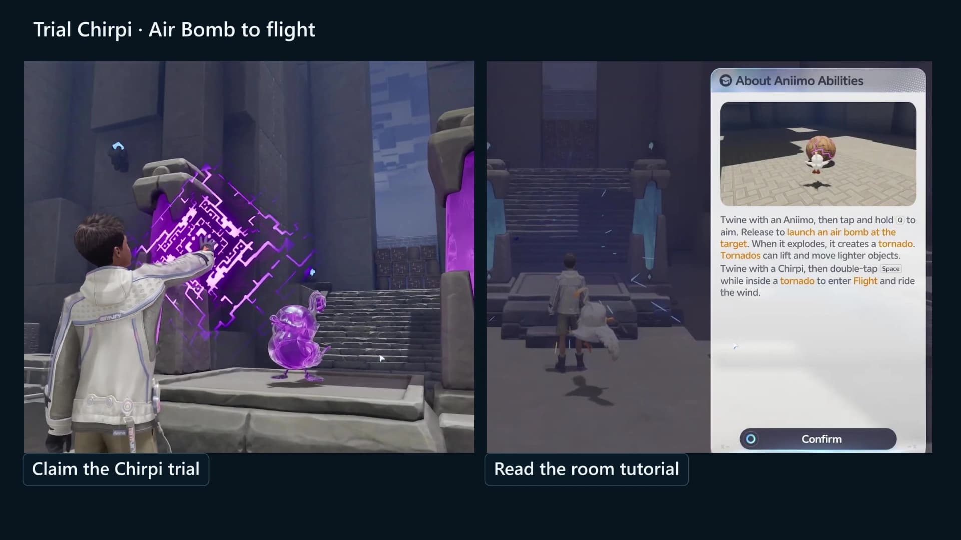 The purple Chirpi trial device beside the air-bomb, tornado and Flight tutorial prompts
