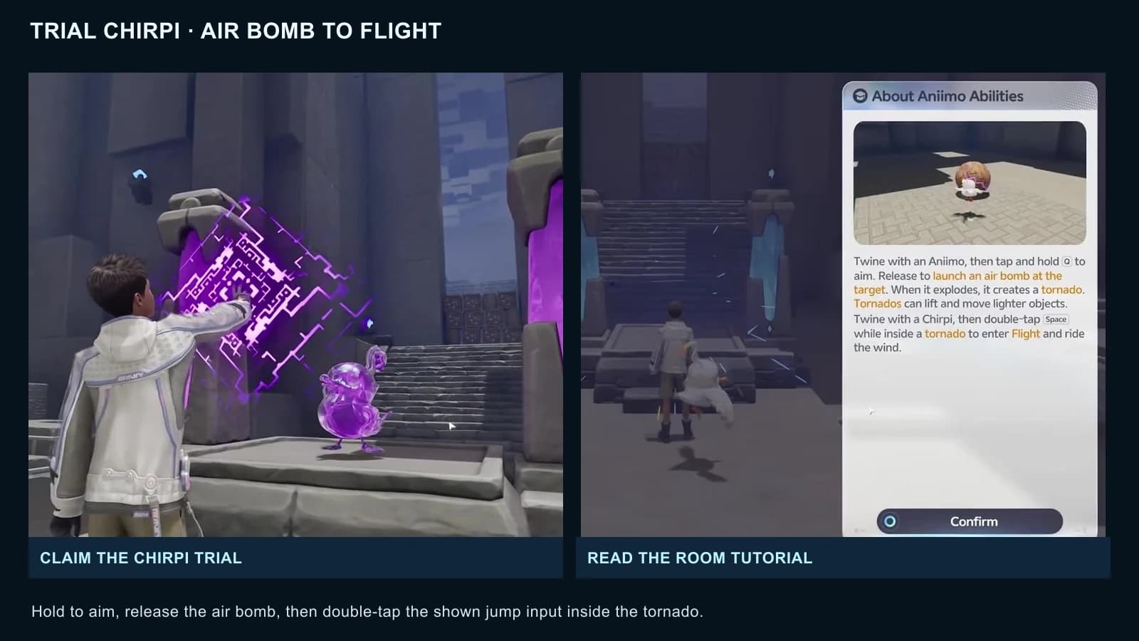 The purple Chirpi trial device beside the air-bomb, tornado and Flight tutorial prompts