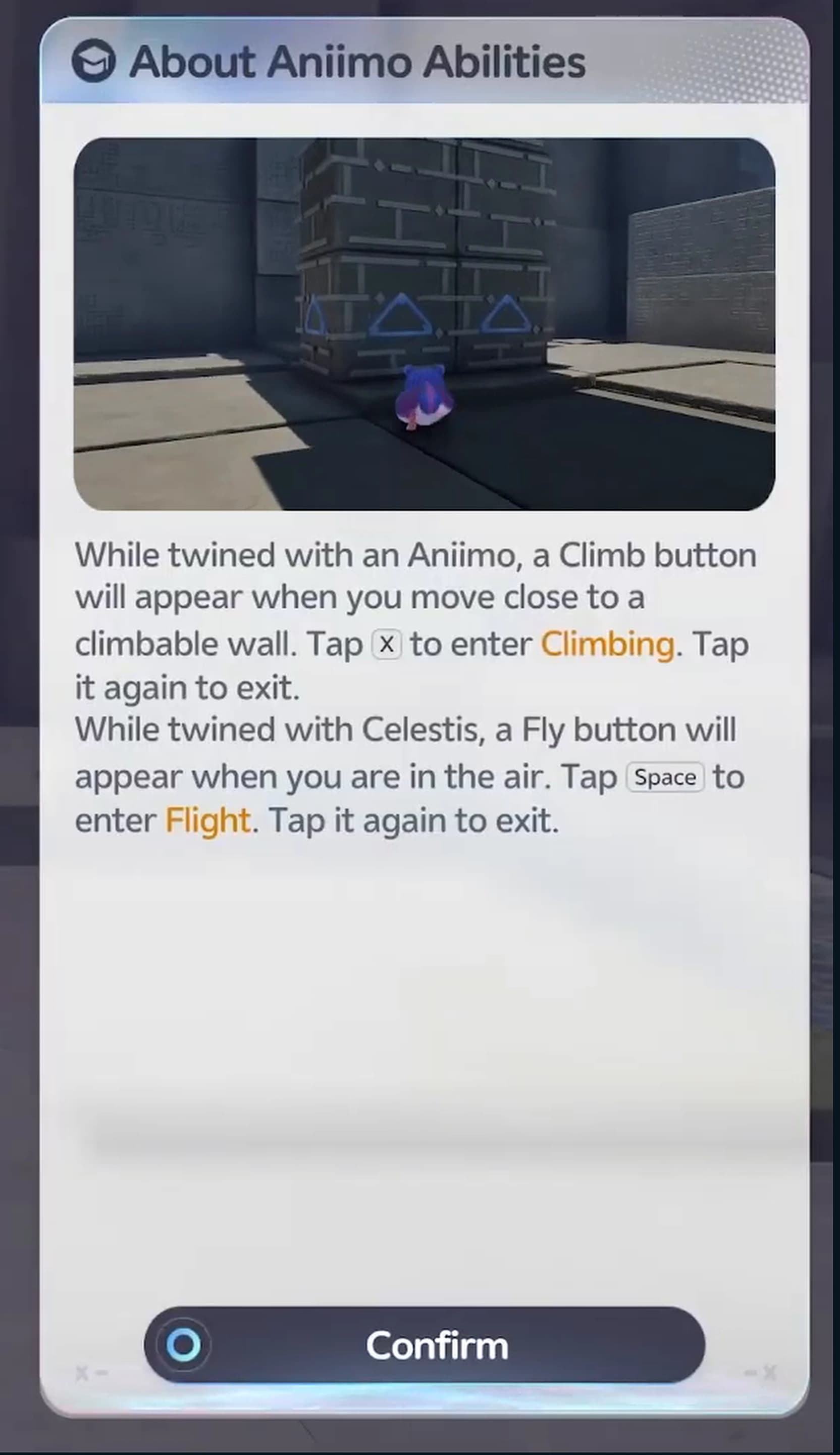 Portrait crop of the About Aniimo Abilities panel naming X for Climbing and Space for Celestis Flight