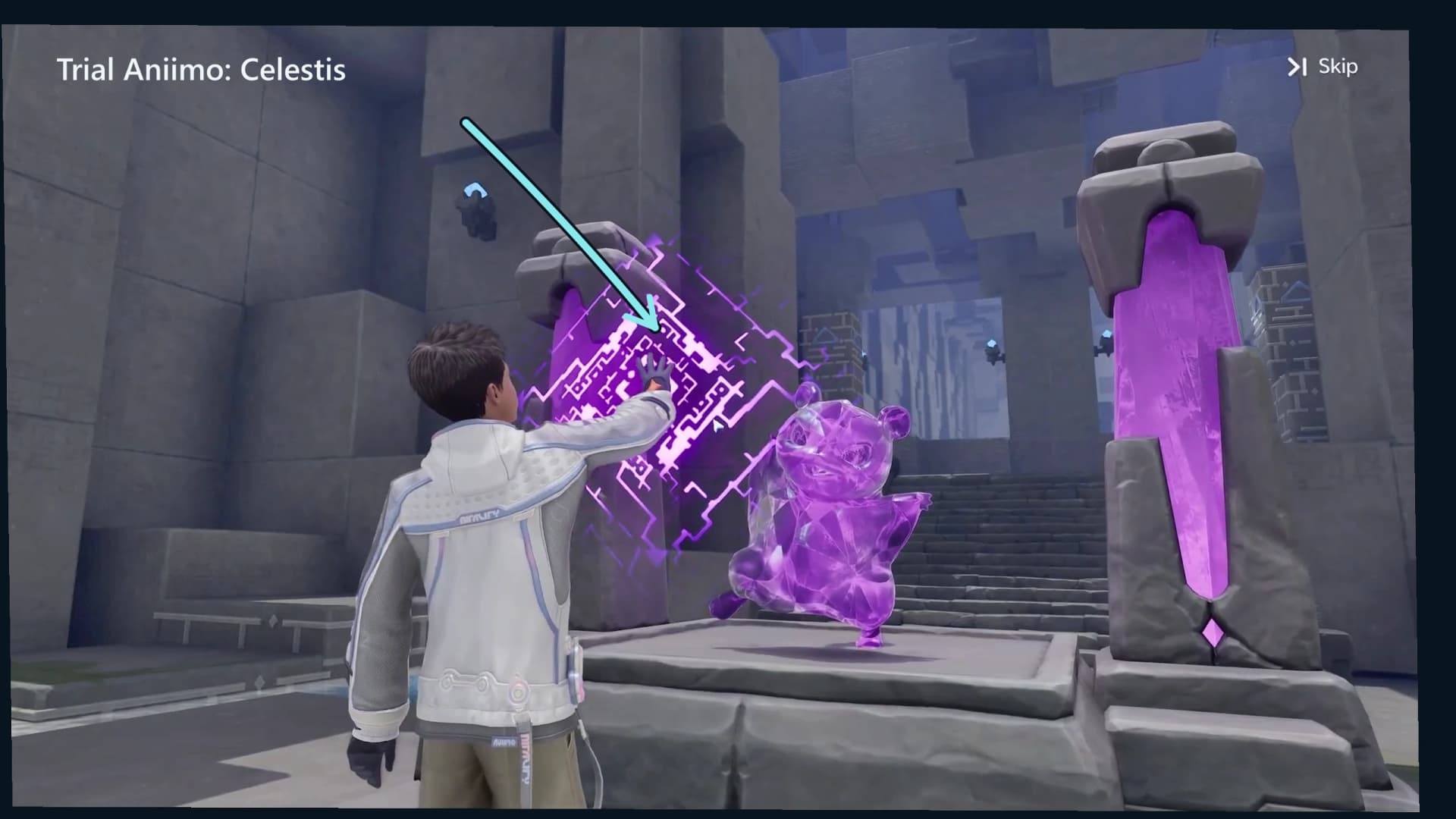 Soaring Glide trial statue materializing Celestis between two purple stone pillars