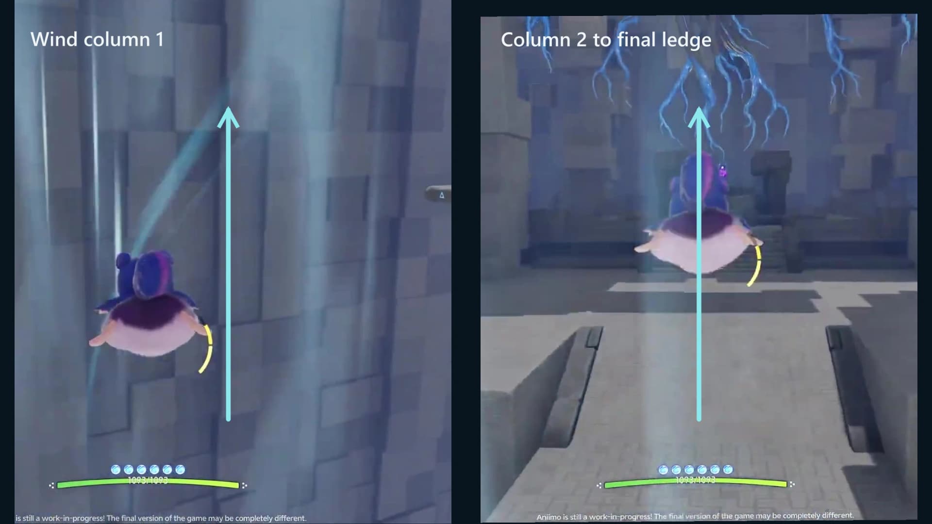 Annotated split view of Celestis rising through two vertical wind columns and steering toward the final ledge