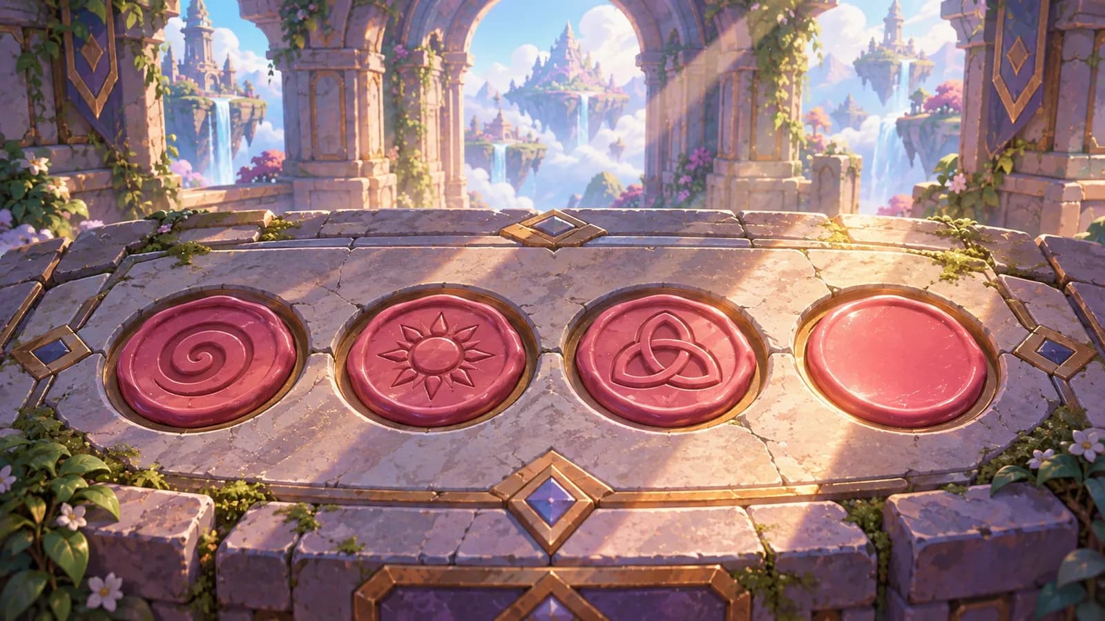 A stone ledger set into the floor of an empty ancient hall with four round seal recesses in a row, three holding pressed wax seals with worn devices and the fourth holding poured wax with no stamp