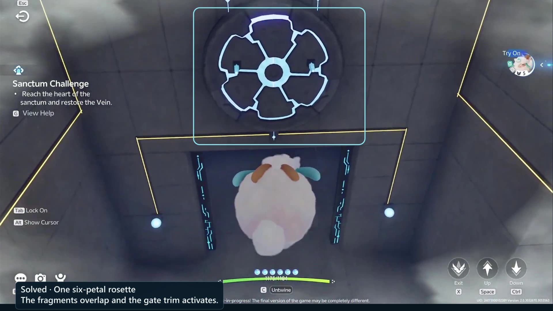 One complete cyan six-petal rosette on the face of the opening mechanism gate