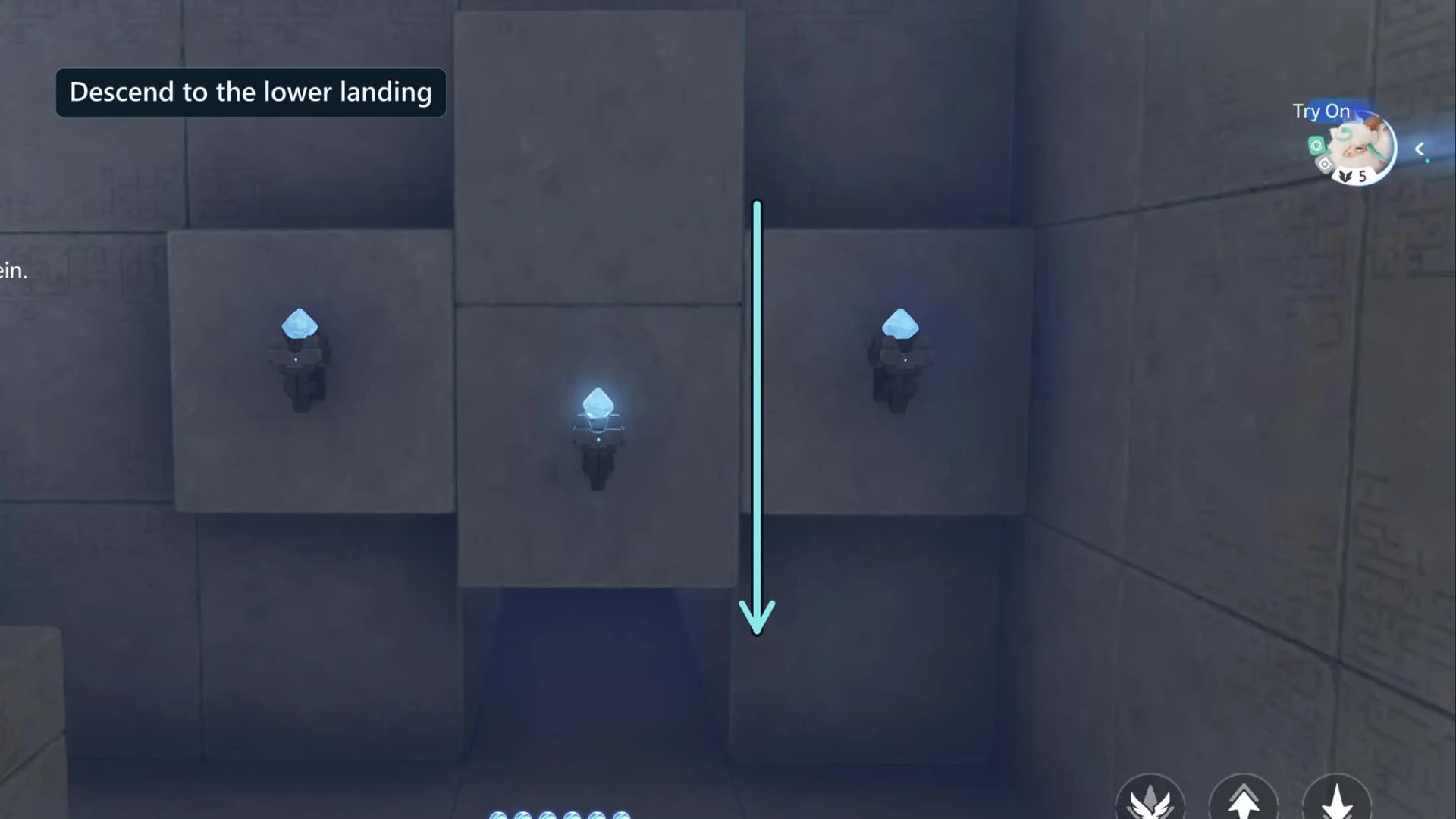 Vertical stone drop with an arrow pointing down to the lower landing