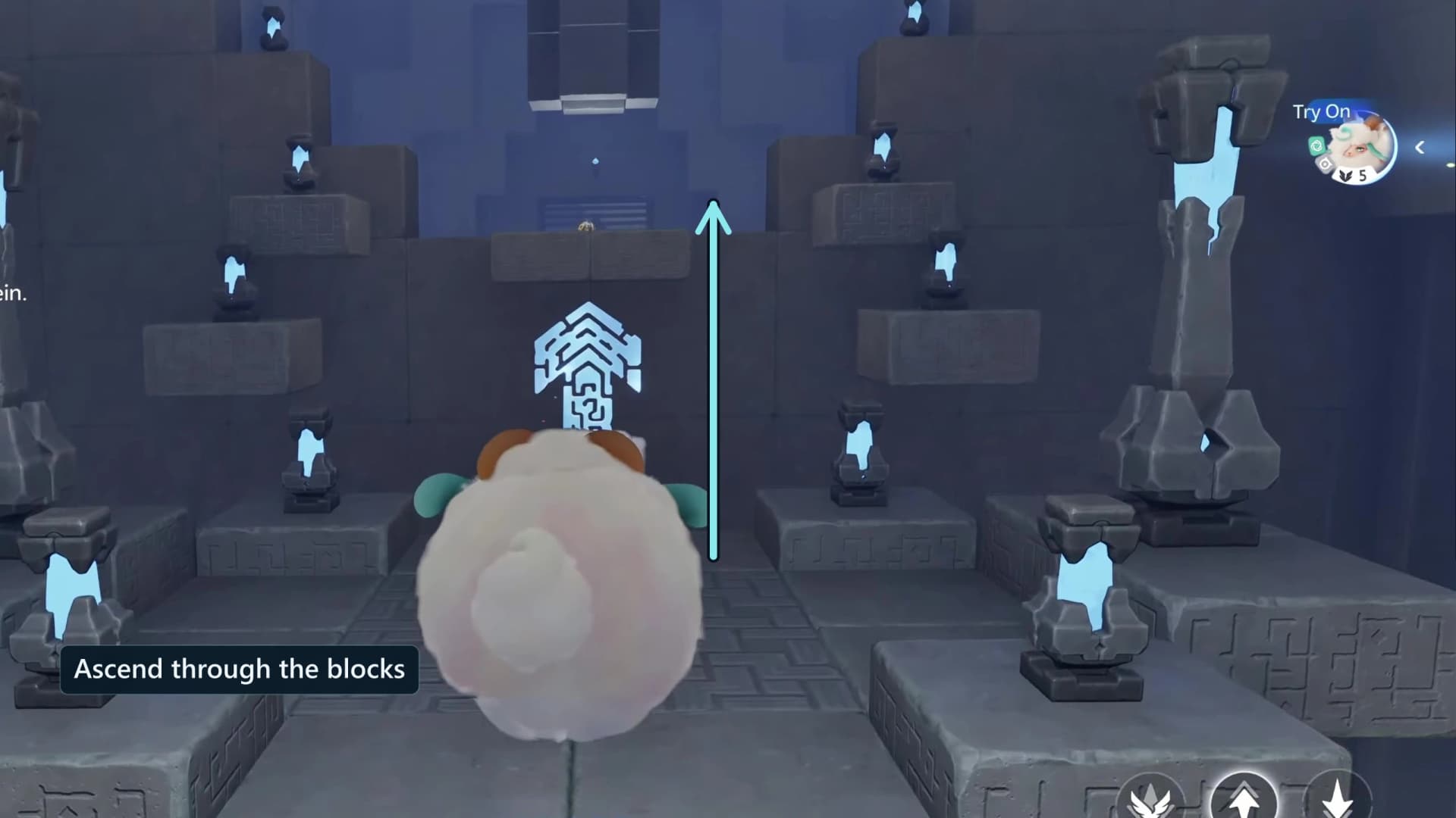 Opening stone platform wall with an annotated upward Cloudwalk route through the blocks