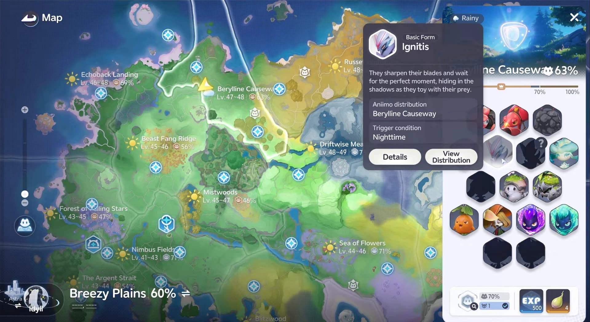 In-game map with an Aniimo distribution card open showing a basic form and a trigger condition reading Nighttime
