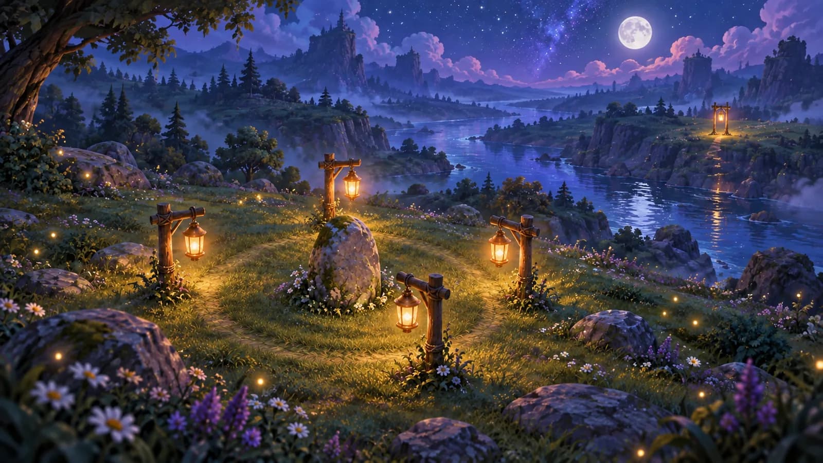 A night meadow with four lantern-lit stops set close around a standing stone joined by one short pressed path, and a fifth lantern unvisited across a river
