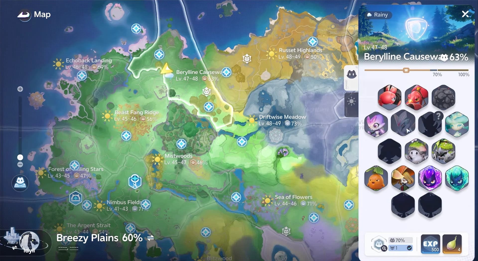 A region's species panel on the map showing catch percentage and cataloged silhouettes, the same collection tracking behind the Aniilog achievements
