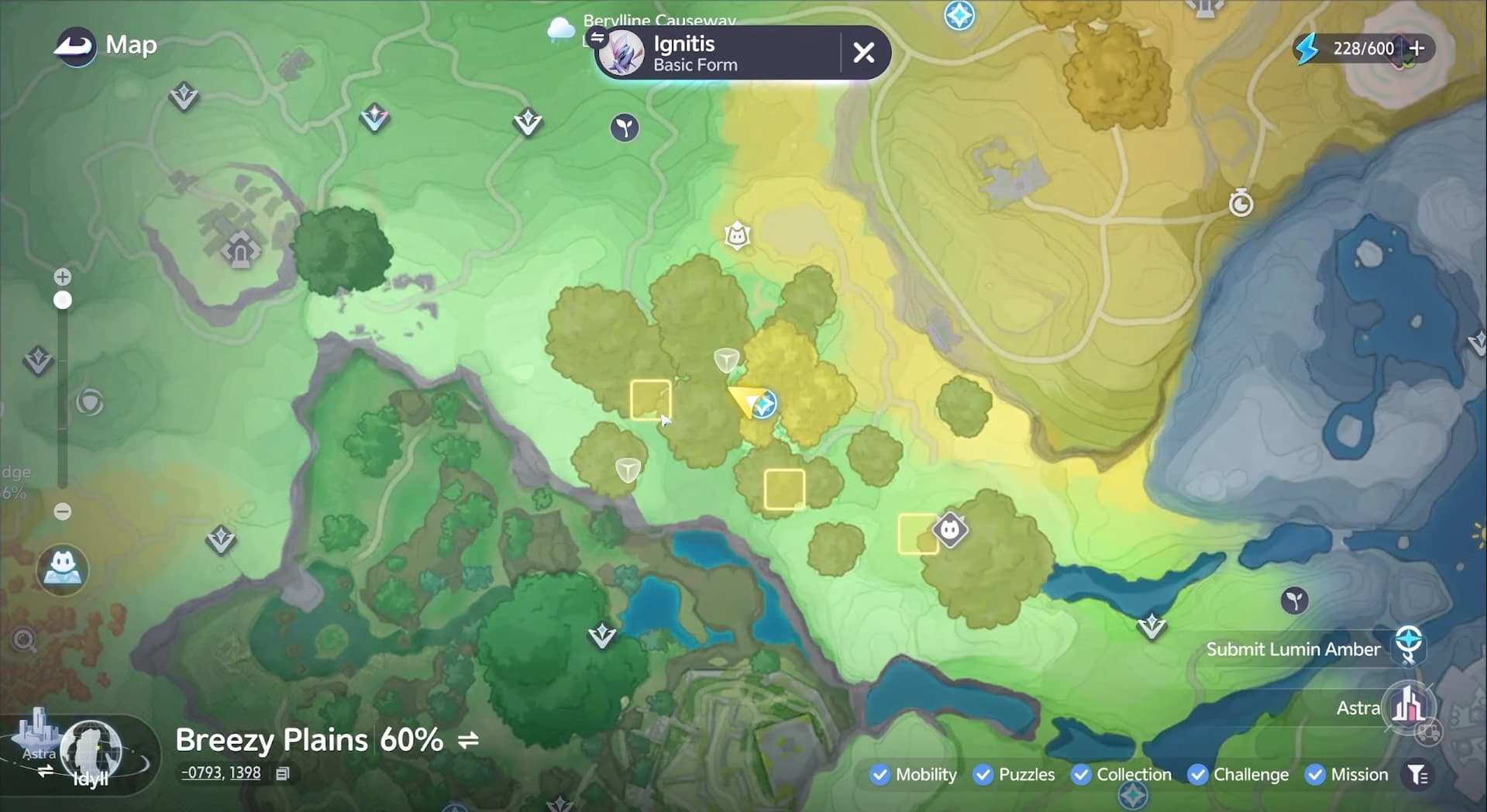 The world map zoomed tightly onto several adjacent yellow Ignitis distribution squares near a transporter