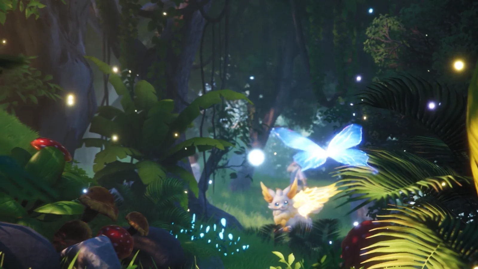 Glowing blue butterfly and a small winged Aniimo lit by drifting lights in a dark Idyll forest