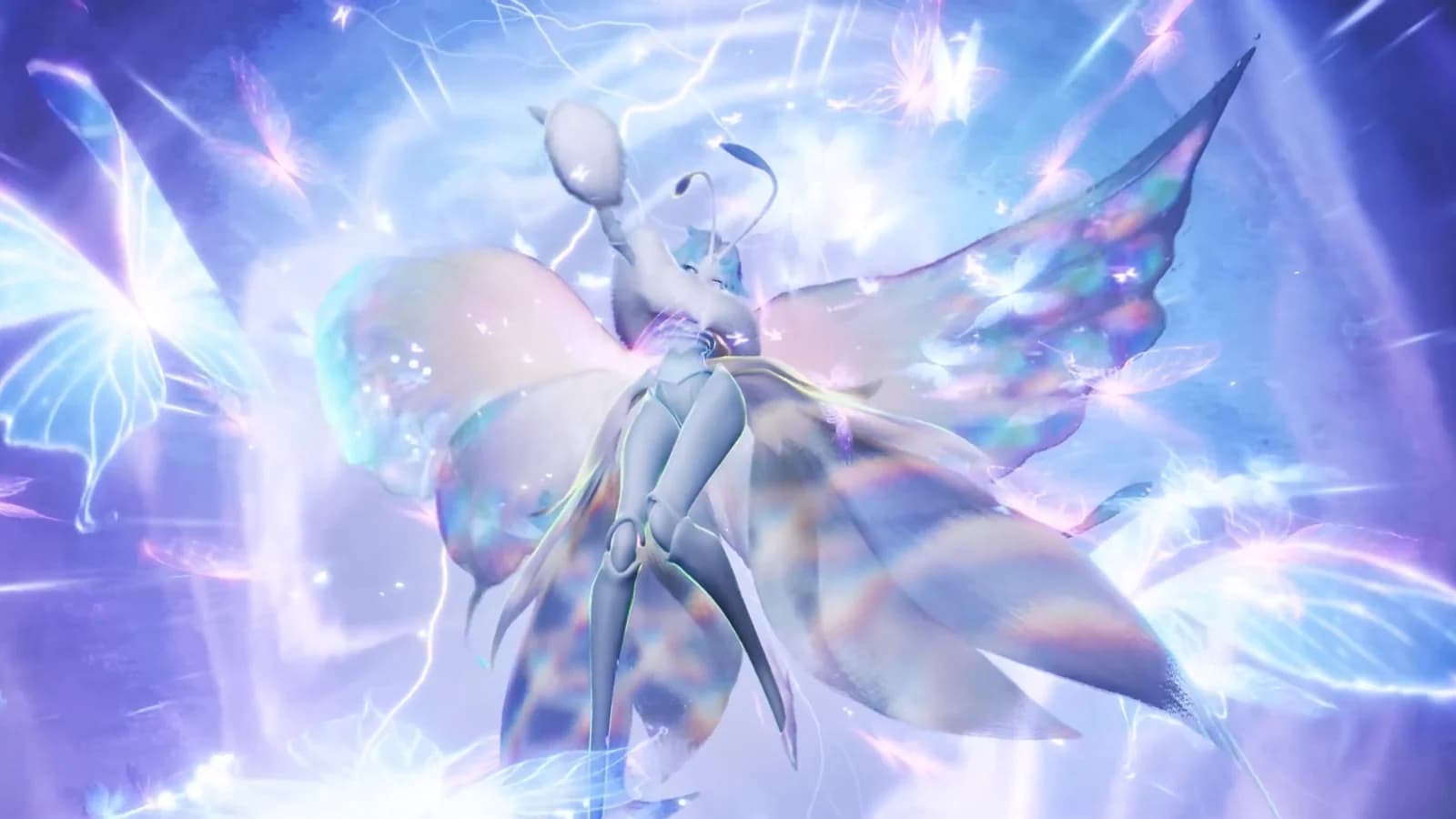 Butterfly-winged Aniimo with iridescent wings rising inside a ring of light as smaller glowing butterflies circle it