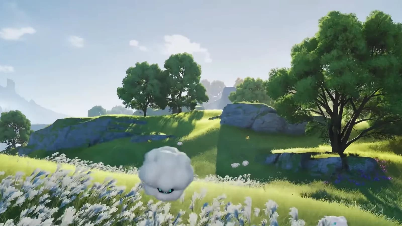Flower meadow under bright sky with a round white Aniimo drifting over the blooms beside a rocky outcrop